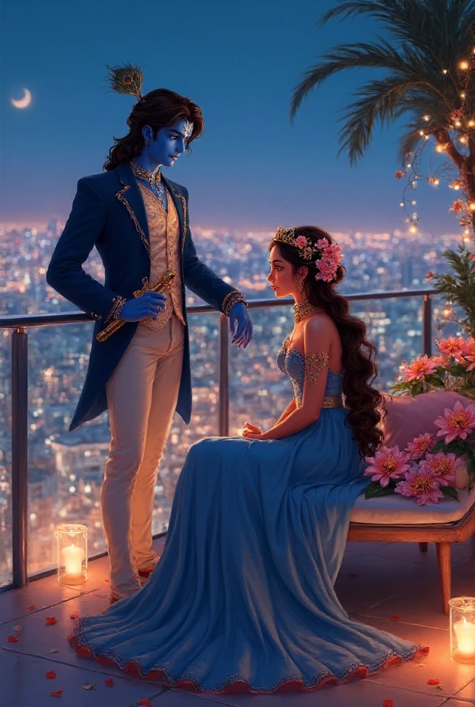 An anime inspired bold and modern anime-inspired scene of Krishna and Radha in a chic urban rooftop setting, blending divine mythology with contemporary style while preserving their iconic elements. Krishna, with radiant blue skin, stands confidently near a sleek glass railing, holding his golden flute at his hip. His iconic peacock feather adorns a small ornate crown on his head, and a faint white tilak graces his forehead. He wears a deep sapphire blazer with gold detailing, a fitted white silk shirt, and tailored cream trousers, exuding effortless charm. Radha, glowing with golden-white skin, is seated gracefully on a modern chaise lounge surrounded by fresh jasmine and lotus flowers. Her flowing hair is beautifully adorned with vibrant flowers and a delicate small crown. She wears a striking, modern gown in mostly blue and pink tones, with shimmering accents and a bold yet elegant design. The soft glow of fairy lights and a scattering of flower petals enhance her ethereal presence. The rooftop garden is illuminated by warm candlelight and offers a panoramic view of a sparkling cityscape under the night sky, creating an enchanting and romantic atmosphere that perfectly highlights their timeless connection
