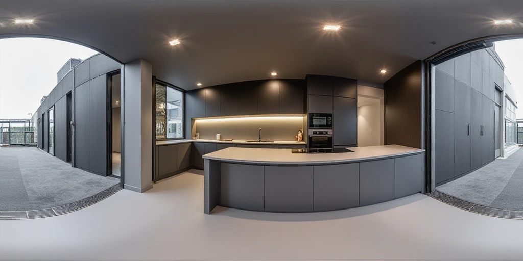 HDRI panoramic view of TOK, a modern kitchen, color grey and black