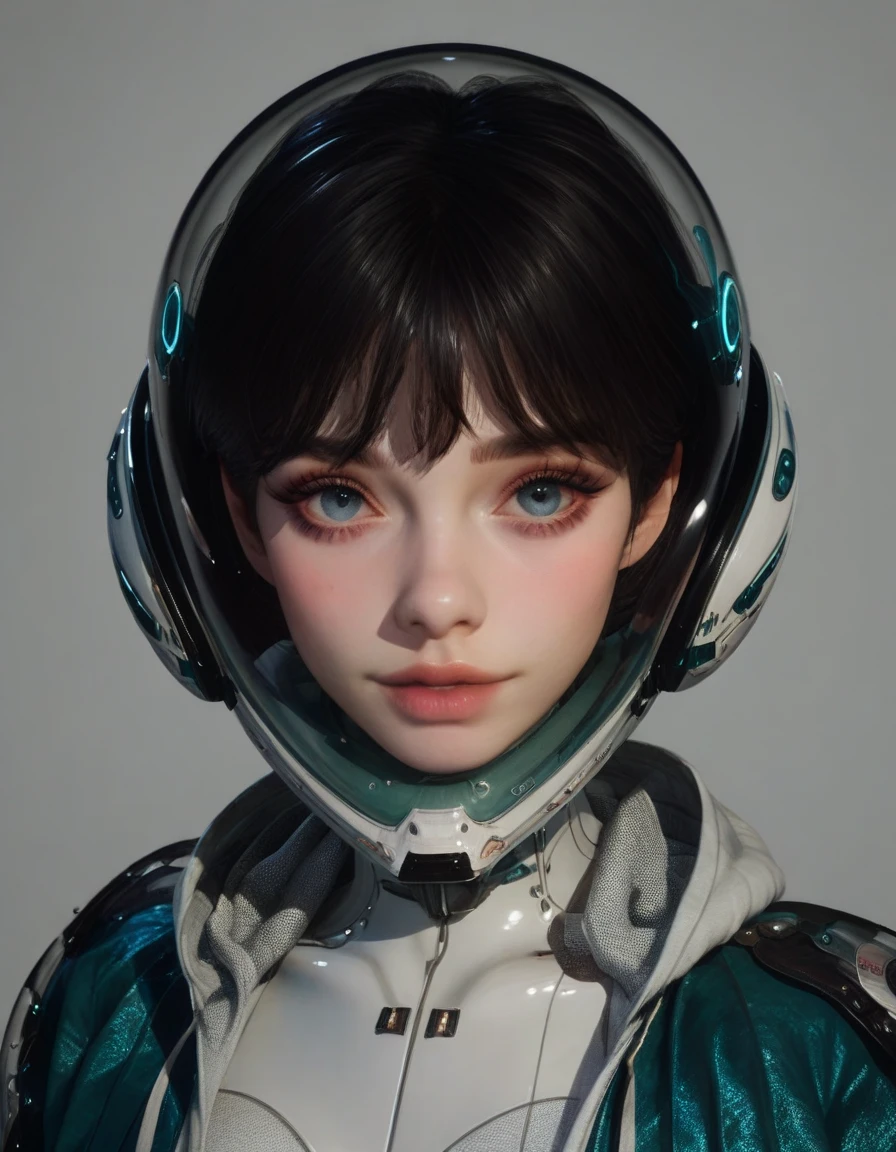 Close up, Front viewer, a hyper-realistic and ultra-detailed photo of a beautiful girl, ultra-realistic, score_9,  score_8_above,  score_7_above, score_6_above,  score_5_above,1 girl,  looking at the viewer , white bodysuit,
blue jacket
helmet, Upper body, PerfectEyes, perfect breasts,
