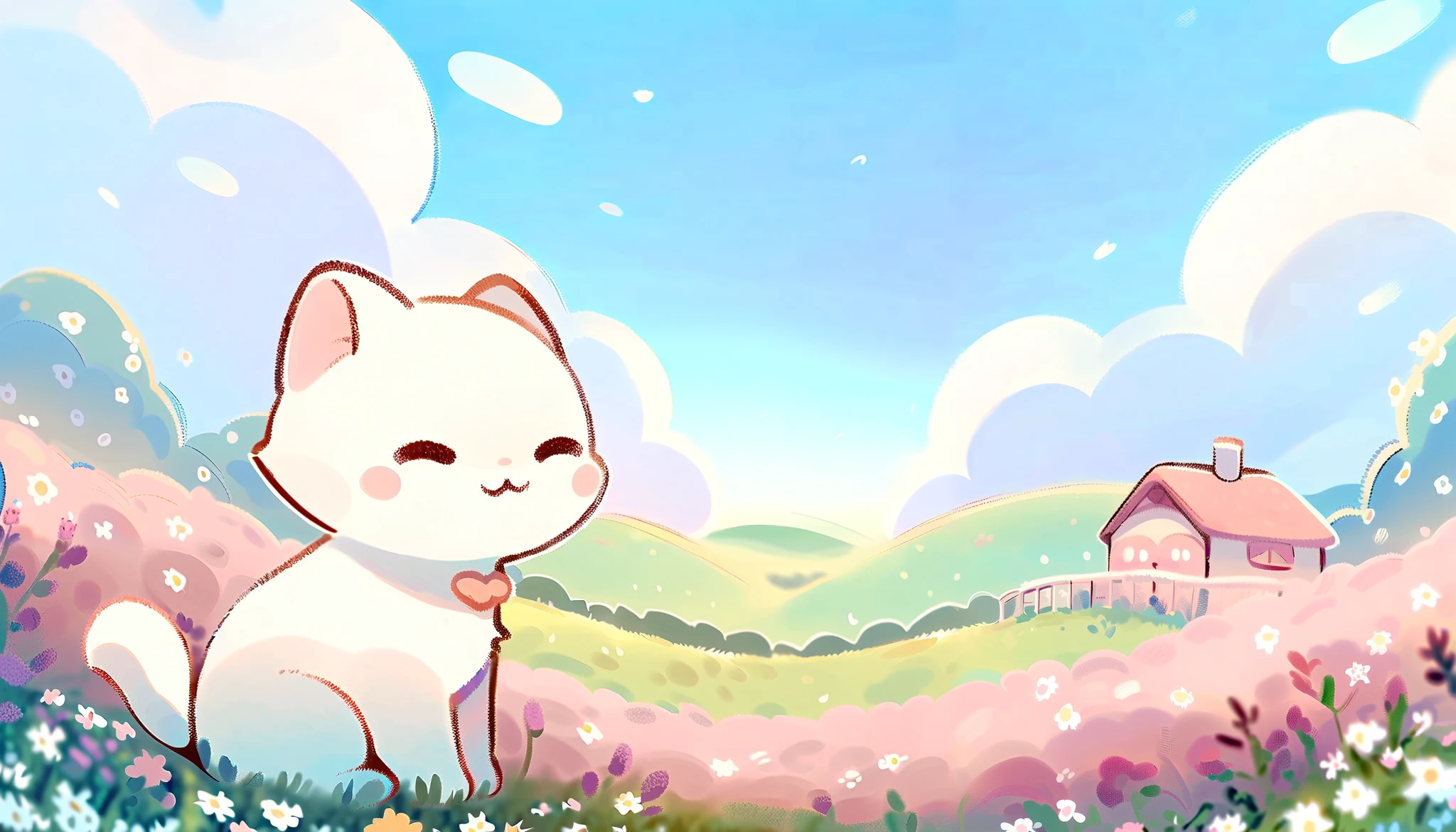 cartoon cat and kittens In a field of flowers with a sky background, Animated visual of cute cats, Kawaii cat, Cute cat, Lovely artwork, sitting In a field of flowers, In a field of flowers, Cute anime, Soft anime illustration, by Eizan This is a gift, Illustration of two cats, Anime cat, background is heavenly，Blue sky and white clouds，landscape ,Scottish folding cat, closeup cleavage. lakeside, wildflowers, There are houses in the distance. Dreamy