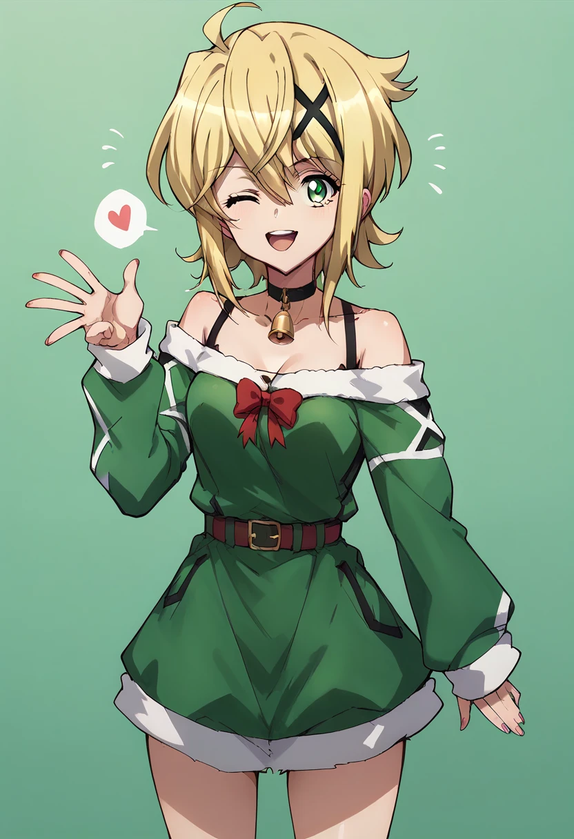 Akatsuki Kirika,blowing kiss, wink,christmas costume,simple green&red christmas costume,Off-Shoulder,green & red dress,standing 