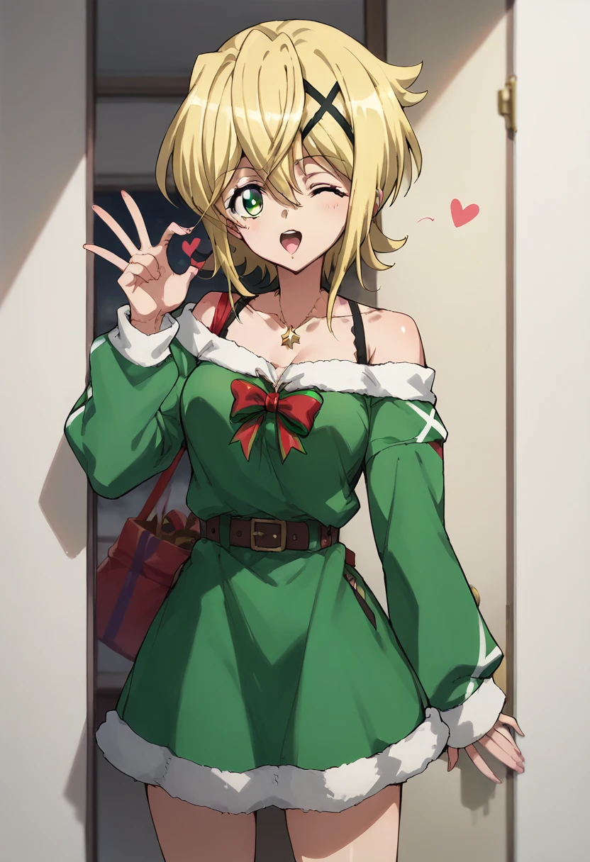 Akatsuki Kirika,blowing kiss, wink,christmas costume,simple green&red christmas costume,Off-Shoulder,green & red dress,standing 