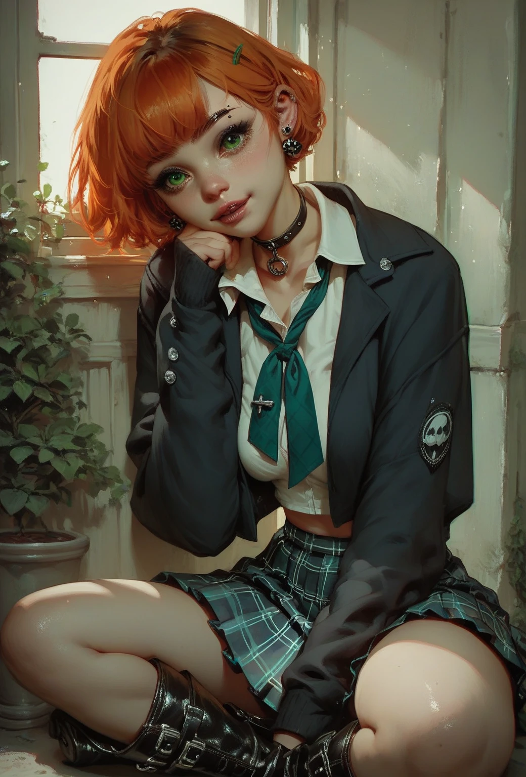 Cute teen, orange hair, short hair, bobcut hairstyle, eyebrow piercing, cute face, innocent face, green eyes, multiple earrings, goth style, punk style, slender teen, medium breasts, school uniform, tartan skirt, punk boots