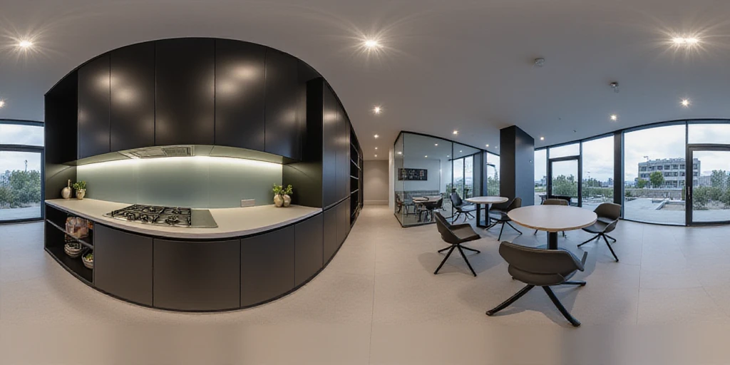 HDRI panoramic view of TOK, a modern kitchen, color grey and black