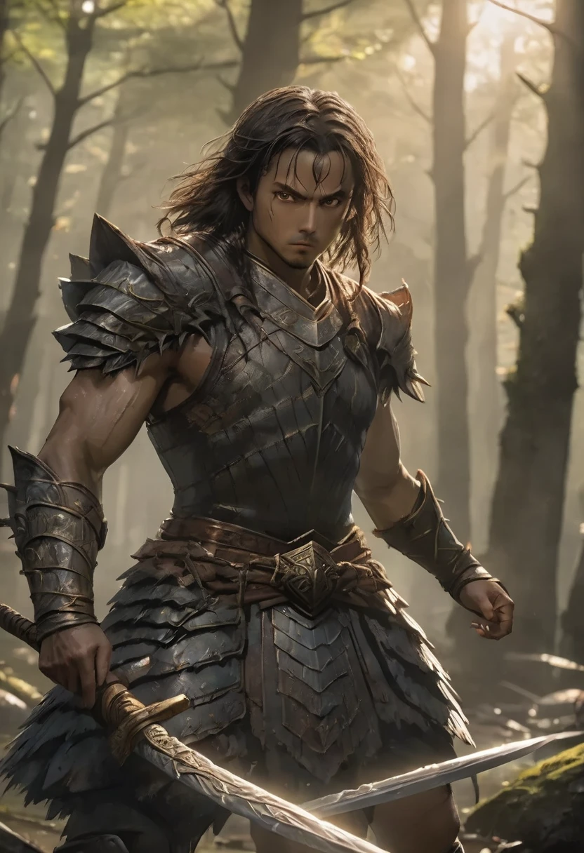 animated, janima , meditation pose, ( masterpiece,  better quality,  ultra detailed , Better shadow), ( detailed background,  dark fantasy ), ( detailed human face and head ), 1 , male,  better quality,  movie lighting, darkness,  character!, bronze armor , turtle warrior , 30-year-old boy ,  better quality human face, male, shell, bronze armor, green skin, focused,  decisive expression ,  looking to the right, green skin, battle stance,  turtle head , leather belt,  armguards , Protectores standingrnas, standing, ancient warrior,  forest in the background, muscular, brown eyes, jumping,  features of turtle ,  by Tim Burton Films , by studio ghibli,  in combat to the death . ( black medieval Japanese katana ). cuerpo completo standings a cabeza