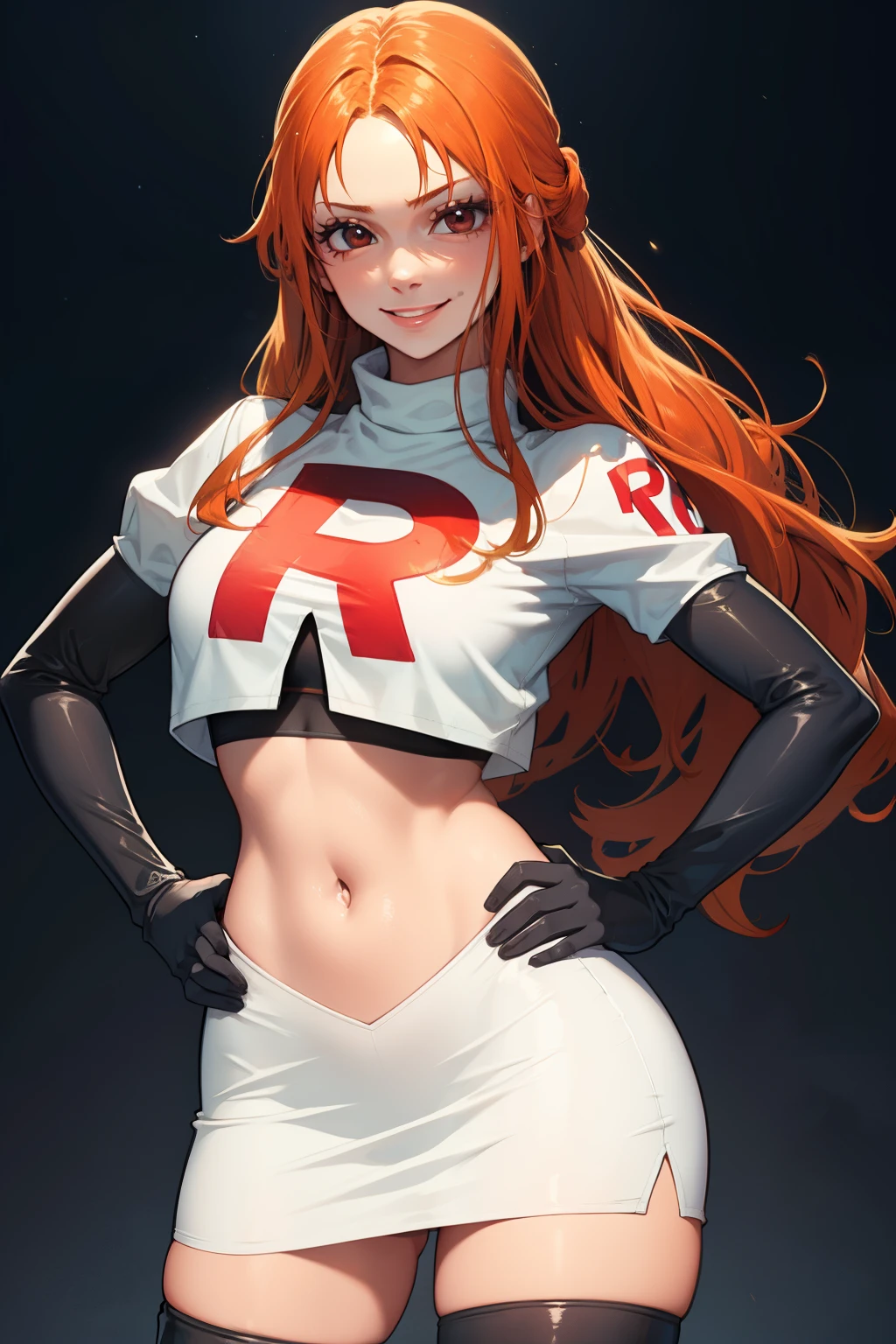 orange hair, long hair ,glossy lips, light makeup ,team rocket,team rocket uniform, red letter R, white skirt,white crop top,black thigh-high boots, black elbow gloves, evil smile, hands on hips