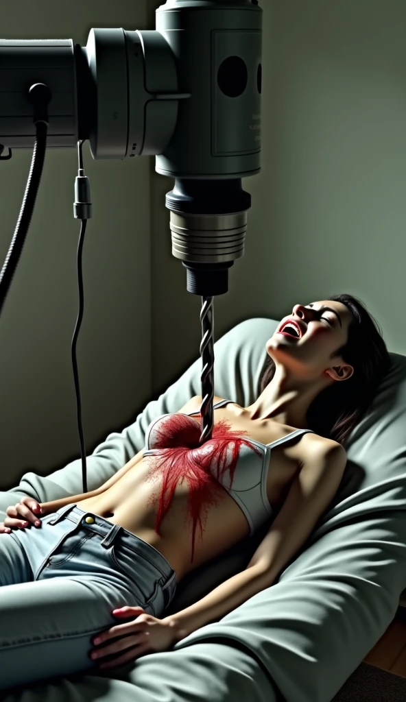 Sad character in the hospital ,Infusion、electro-cardiogram、A very beautiful and glamorous 3 white girl.、A black Gibson Les Paul with tattered, peeling paint leaning against the side of the bed.、very huge sagging bare Breasts,Very large, pendulous breasts、完璧なグラマラスな熟女のCompletely nakedプロポーション、Completely naked、centralized treatment room、exhausted look、A lot of medical equipment、天井から撮影したCompletely naked画像、A very artistic and surreal erotic world、Orange guitar amplifier、A doctor examines the condition of the breasts and groin area with medical gloves