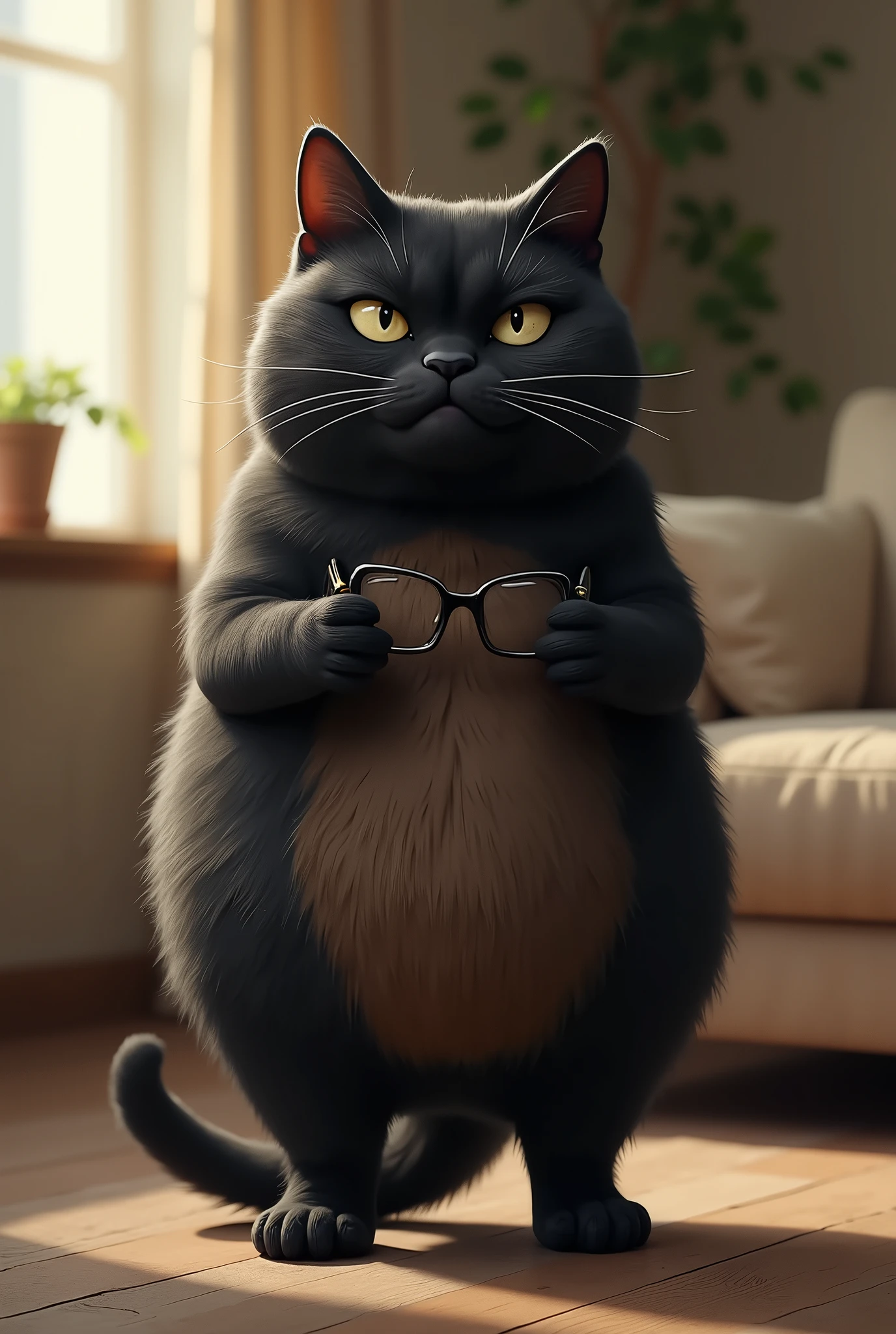 ( realistic ,photo realistic ,photo- realistic :1.37), When I open the door, Black Cat is standing in the living room with her front legs raised and touching her head ((Cait Sith))、 A fat body with a bulging round face that walks on two legs 、 The eyes are half-eyed and narrow、Dropped ears、((Light brown from neck to chest to stomach:2))、I can only see  、 face、 A humorous worldview where the domestic cat Black Cat acts like a human 、 Black Cat 。