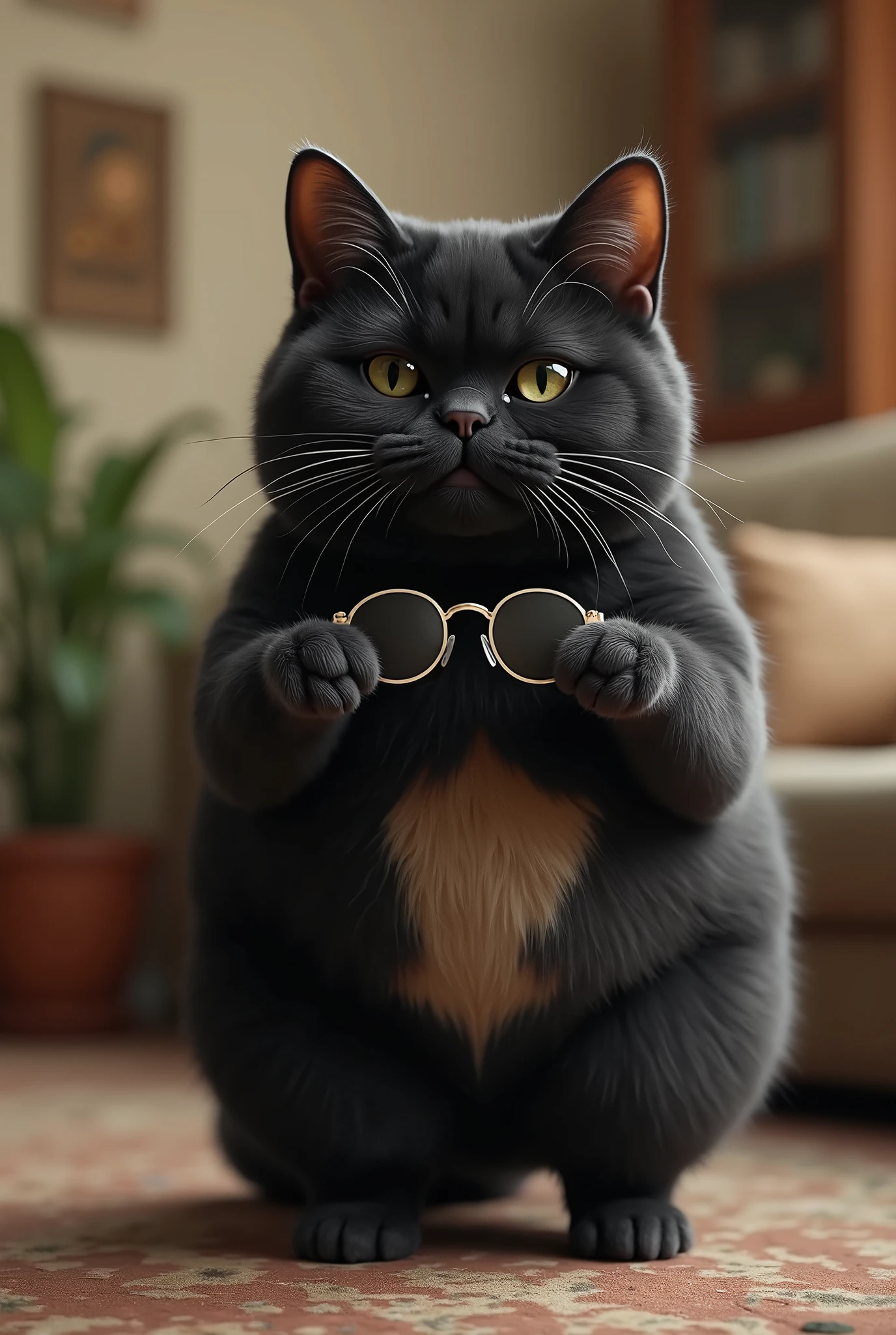 ( realistic ,photo realistic ,photo- realistic :1.37), When I open the door, Black Cat is standing in the living room with her front legs raised and touching her head ((Cait Sith))、 A fat body with a bulging round face that walks on two legs 、 The eyes are half-eyed and narrow、Dropped ears、((Light brown from neck to chest to stomach:2))、I can only see  、 face、 A humorous worldview where the domestic cat Black Cat acts like a human 、 Black Cat 。