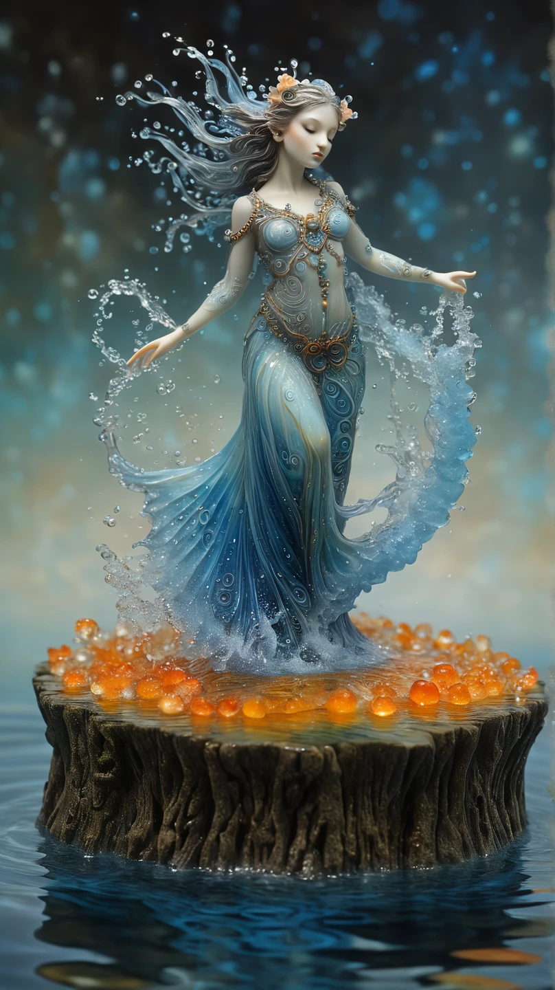 art by Victoria Frances, table figurine of water spirit, an ultra hd detailed painting, digital art, Jean-Baptiste Monge + Andy Kehoe + Lev Bartenev style, splash, Glittering, orange rainbow sensual eyes, cute and adorable, filigree, rim lighting