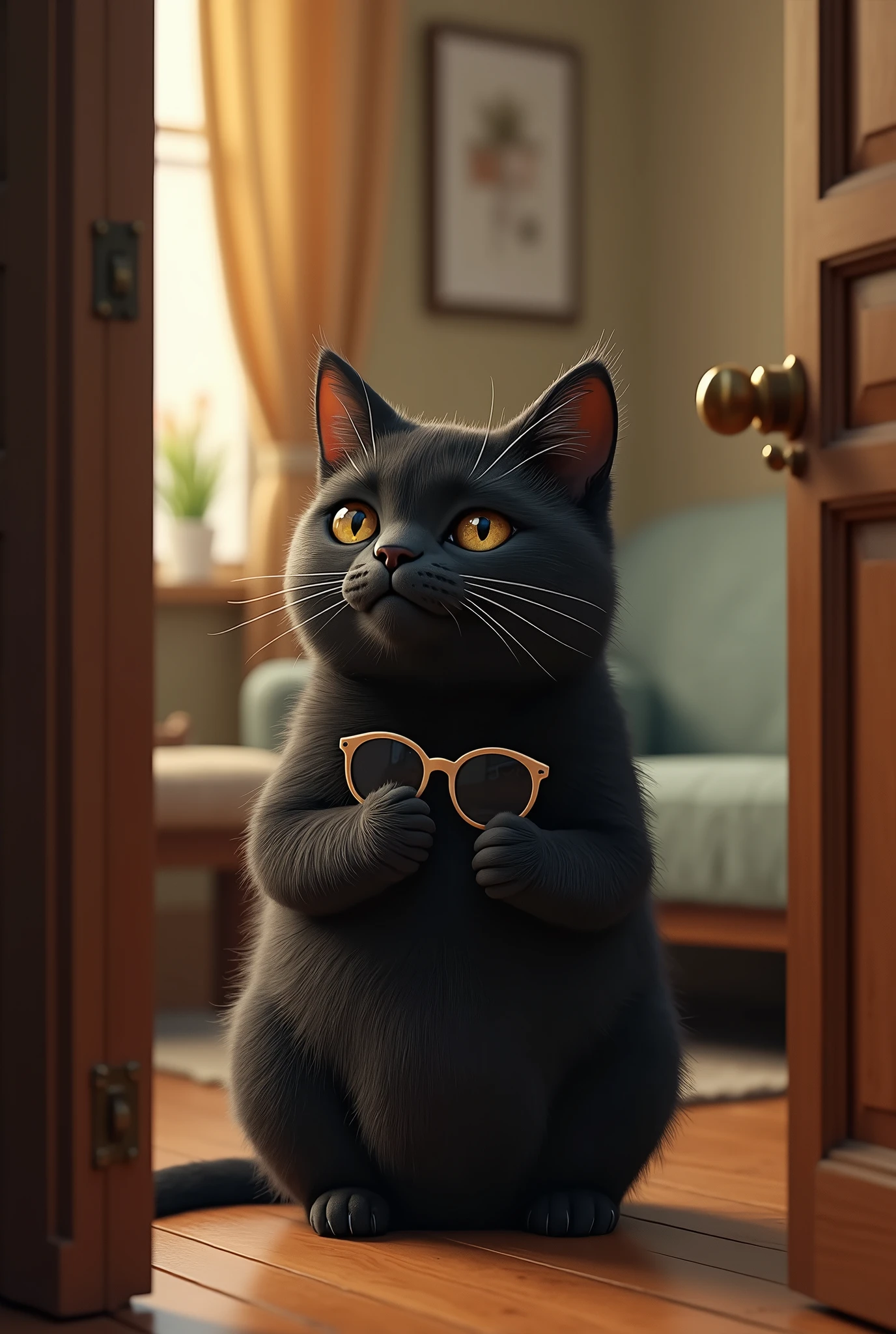 ( realistic ,photo realistic ,photo- realistic :1.37), When I open the door, Black Cat is standing in the living room with her front legs raised and touching her head ((Cait Sith))、 A fat body with a bulging round face that walks on two legs 、 The eyes are half-eyed and narrow、Dropped ears、((Light brown from neck to chest to stomach:2))、I can only see  、 face、 A humorous worldview where the domestic cat Black Cat acts like a human 、 Black Cat 。