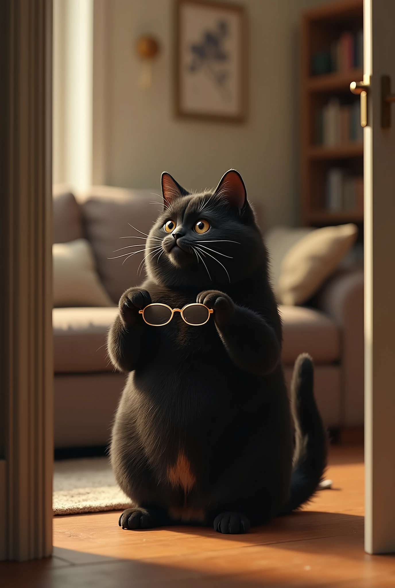 ( realistic ,photo realistic ,photo- realistic :1.37), When I open the door, Black Cat is standing in the living room with her front legs raised and touching her head ((Cait Sith))、 A fat body with a bulging round face that walks on two legs 、 The eyes are half-eyed and narrow、Dropped ears、((Light brown from neck to chest to stomach:2))、I can only see  、 face、 A humorous worldview where the domestic cat Black Cat acts like a human 、 Black Cat 。