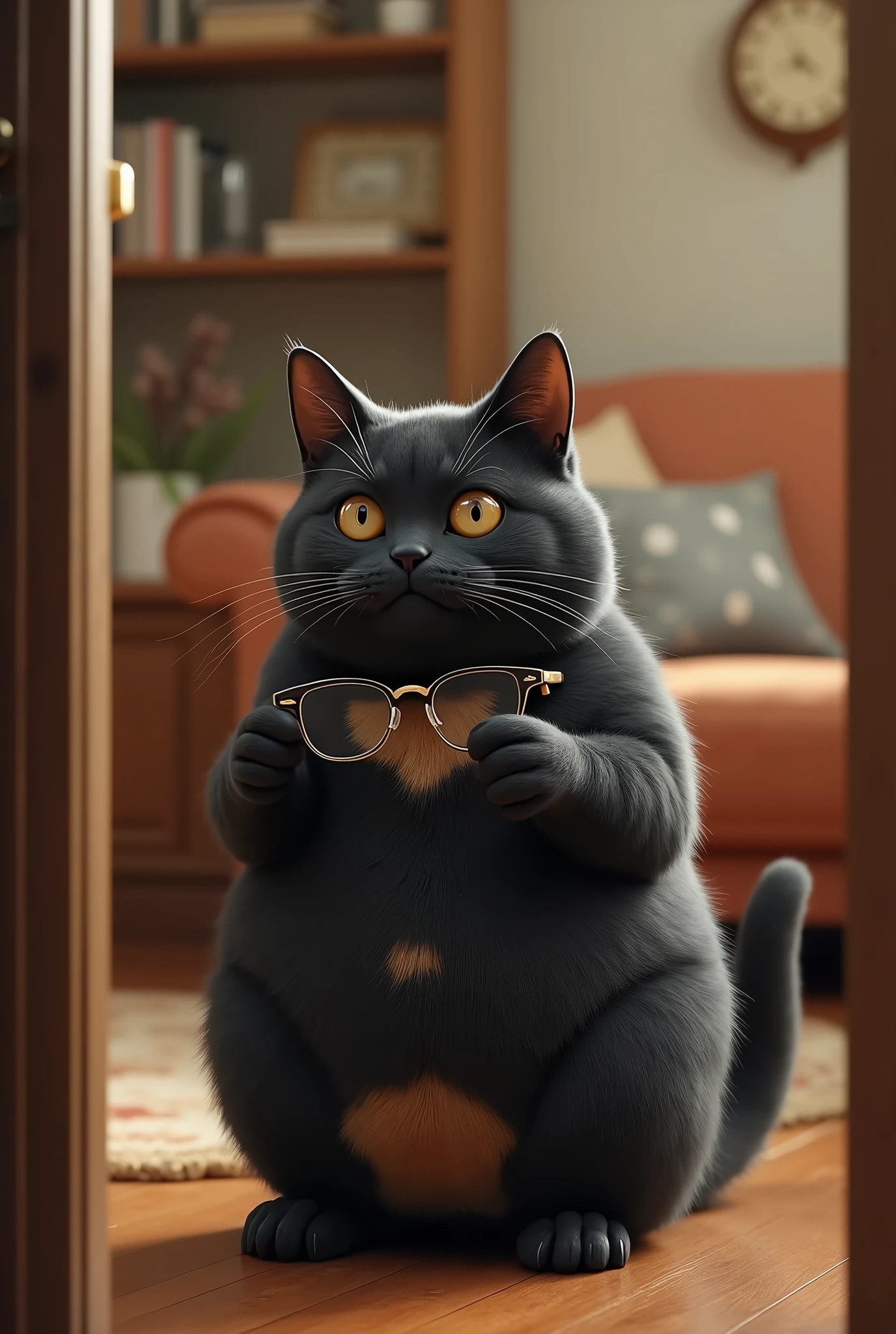 ( realistic ,photo realistic ,photo- realistic :1.37), When I open the door, Black Cat is standing in the living room with her front legs raised and touching her head ((Cait Sith))、 A fat body with a bulging round face that walks on two legs 、 The eyes are half-eyed and narrow、Dropped ears、((Light brown from neck to chest to stomach:2))、I can only see  、 face、 A humorous worldview where the domestic cat Black Cat acts like a human 、 Black Cat 。