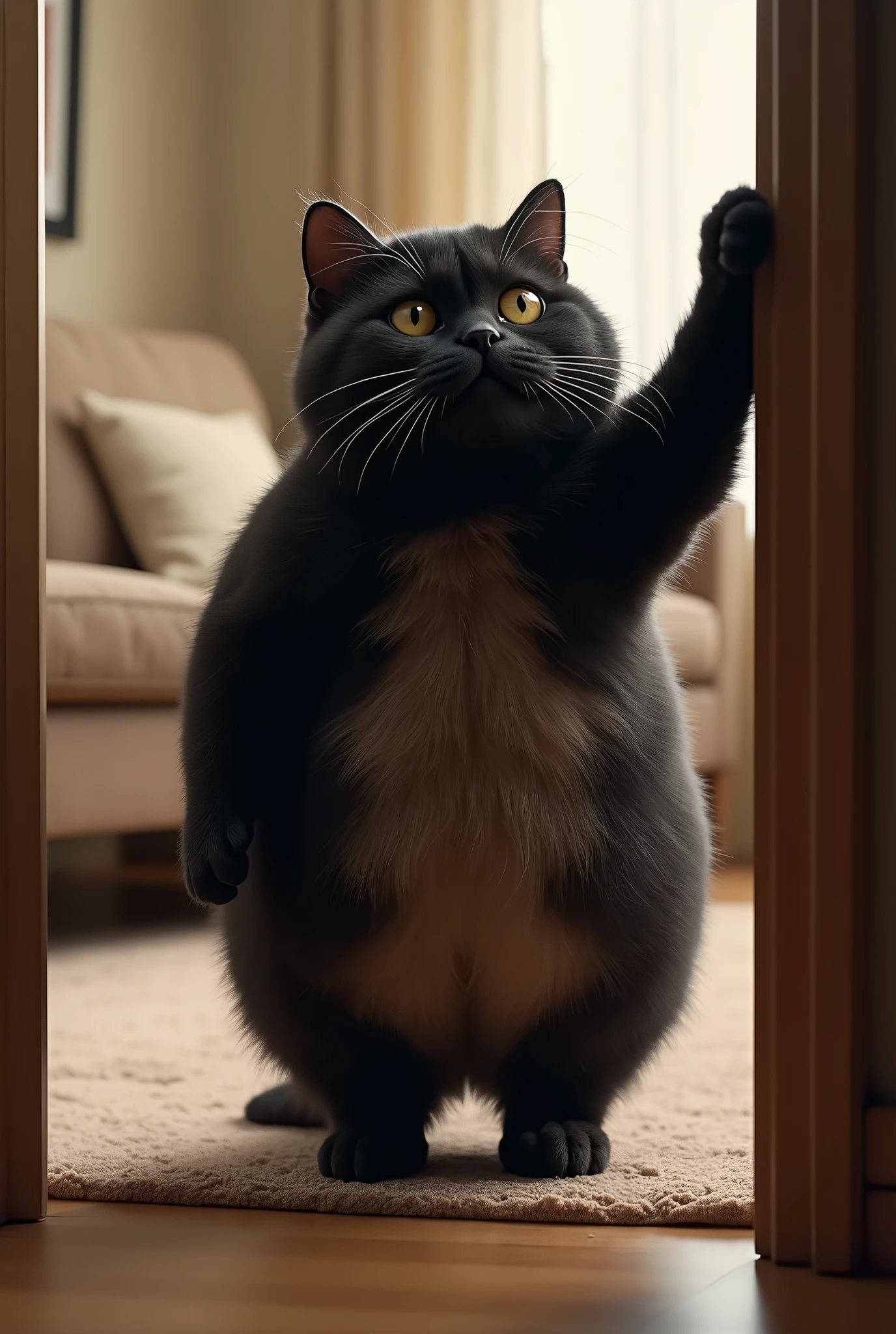 ( realistic ,photo realistic ,photo- realistic :1.37), When I open the door, Black Cat is standing in the living room with her front legs raised and touching her head ((Cait Sith))、 A fat body with a bulging round face that walks on two legs 、 The eyes are half-eyed and narrow、Dropped ears、((Light brown from neck to chest to stomach:2))、I can only see  、 face、 A humorous worldview where the domestic cat Black Cat acts like a human 、 Black Cat 。