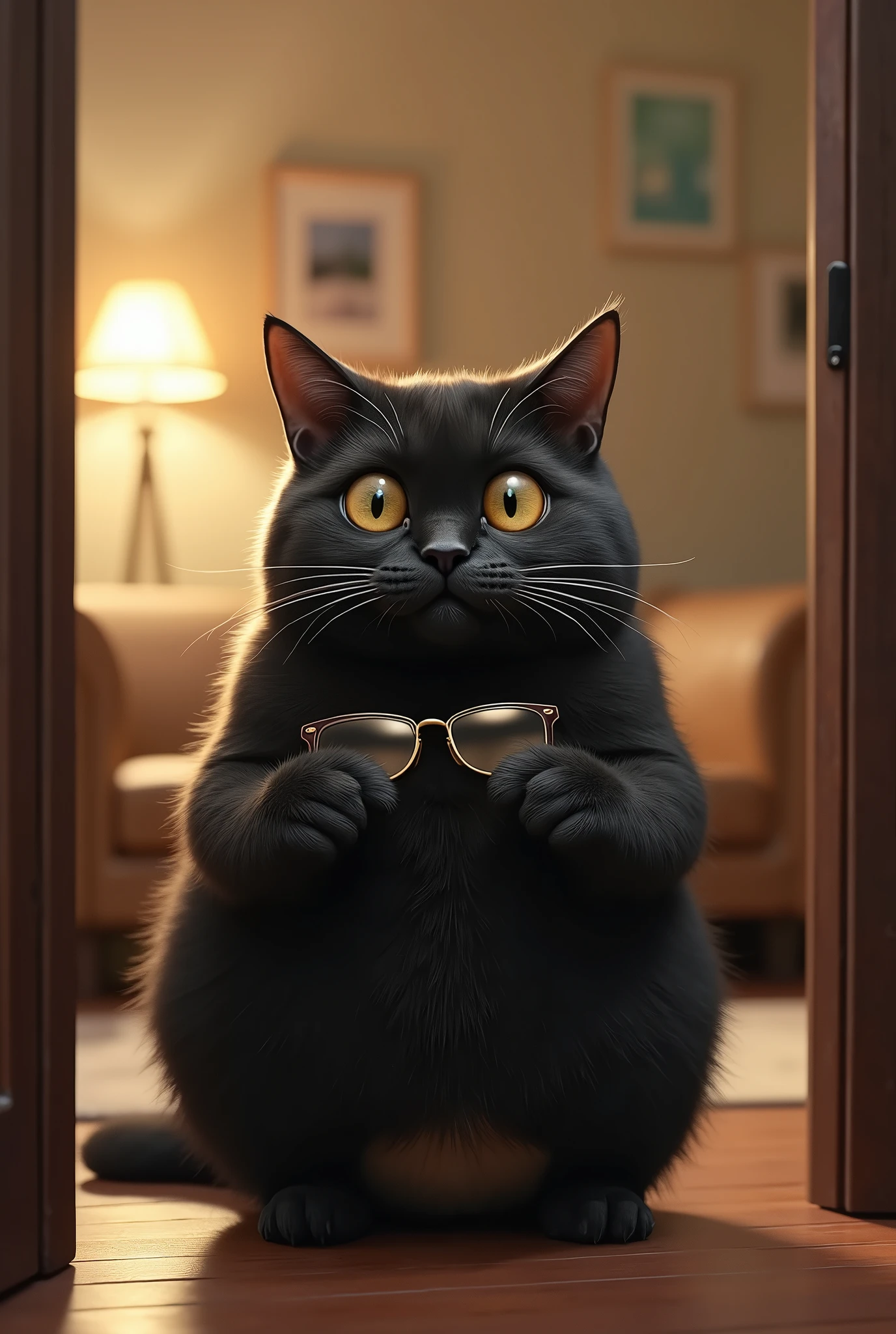 ( realistic ,photo realistic ,photo- realistic :1.37), When I open the door, Black Cat is standing in the living room with her front legs raised and touching her head ((Cait Sith))、 A fat body with a bulging round face that walks on two legs 、 The eyes are half-eyed and narrow、Dropped ears、((Light brown from neck to chest to stomach:2))、I can only see  、 face、 A humorous worldview where the domestic cat Black Cat acts like a human 、 Black Cat 。