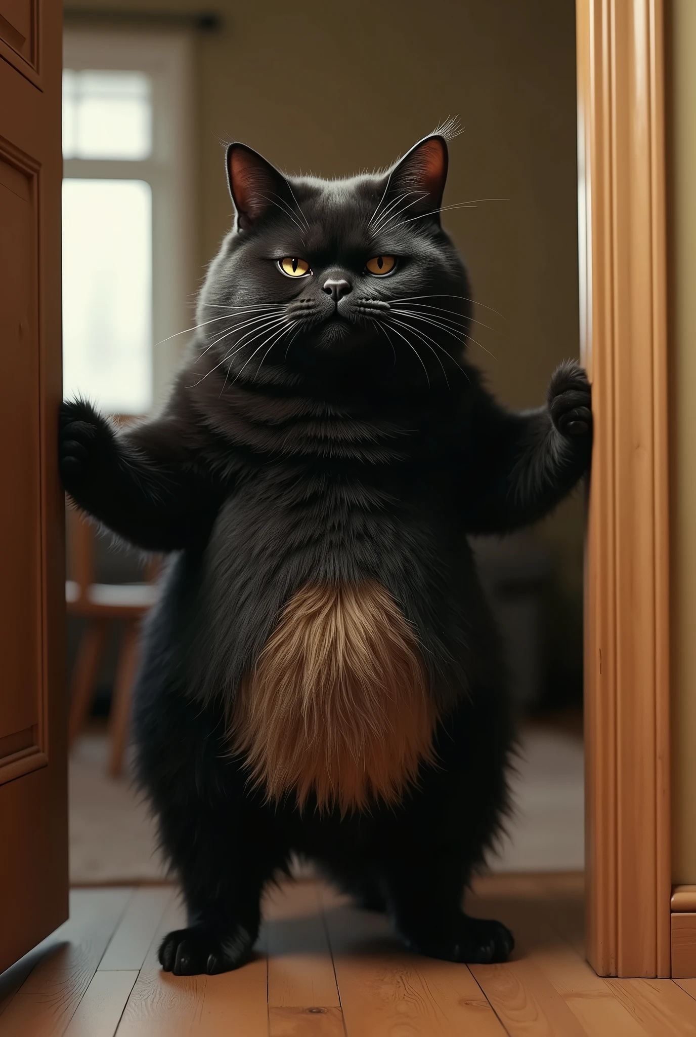 ( realistic ,photo realistic ,photo- realistic :1.37), When I open the door, Black Cat is standing in the living room with her front legs raised and touching her head ((Cait Sith))、 A fat body with a bulging round face that walks on two legs 、 The eyes are half-eyed and narrow、Dropped ears、((Light brown from neck to chest to stomach:2))、I can only see  、 face、 A humorous worldview where the domestic cat Black Cat acts like a human 、 Black Cat 。