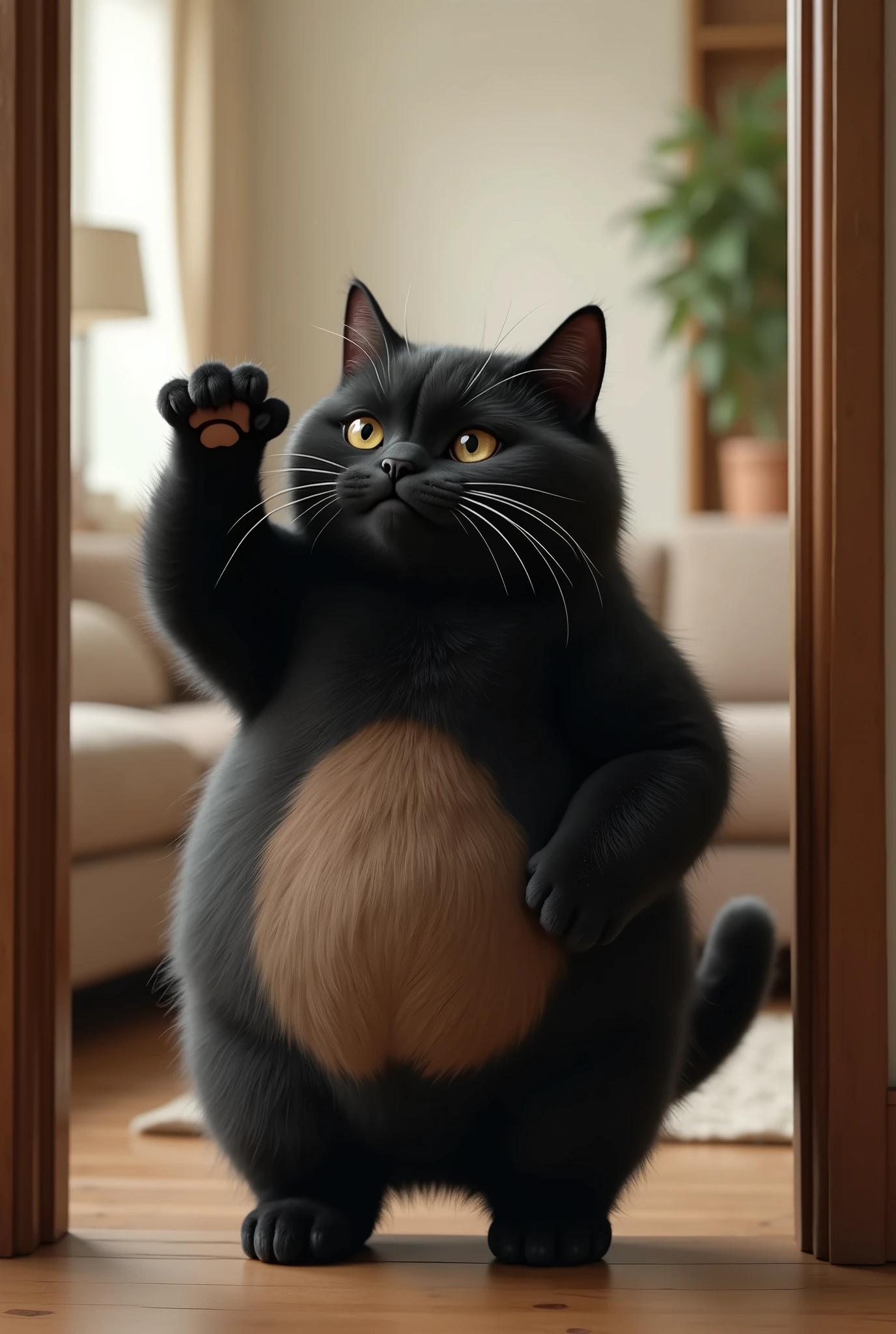 ( realistic ,photo realistic ,photo- realistic :1.37), When I open the door, Black Cat is standing in the living room with her front legs raised and touching her head ((Cait Sith))、 A fat body with a bulging round face that walks on two legs 、 The eyes are half-eyed and narrow、Dropped ears、((Light brown from neck to chest to stomach:2))、I can only see  、 face、 A humorous worldview where the domestic cat Black Cat acts like a human 、 Black Cat 。