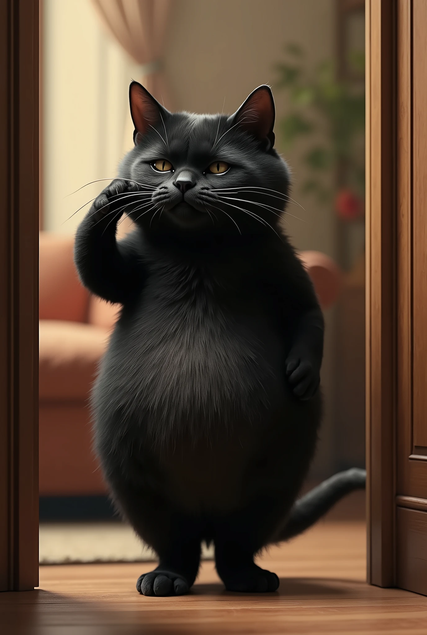 ( realistic ,photo realistic ,photo- realistic :1.37), When I open the door, Black Cat is standing in the living room with her front legs raised and touching her head ((Cait Sith))、 A fat body with a bulging round face that walks on two legs 、 The eyes are half-eyed and narrow、Dropped ears、((Light brown from neck to chest to stomach:2))、I can only see  、 face、 A humorous worldview where the domestic cat Black Cat acts like a human 、 Black Cat 。