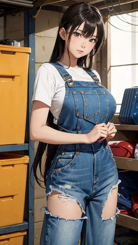 30 years old,1 mature woman,hyperrealistic, 8k, (extremely detailed 8k), (very delicate and beautiful), (masterpiece), (better quality:1.0), (ultra high resolution:1.0), (masterpiece, best quality),cute,black hair,big breasts,ponytail,POV,overalls,full body