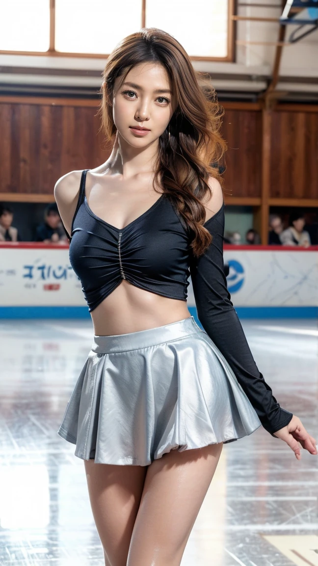 (8k, best quality:1.3), (extremely detailed:1.2), perfect anatomy, beautiful Japanese woman, 18 years old, healthy thighs, beautiful legs, beautiful skin, random hair color, random hairstyle, large breasts, (she is standing:1.2), female figure skater, figure skating outfit, (miniskirt:1.3), full body shot, skate shoes, skating rink, Kyoko Fukada