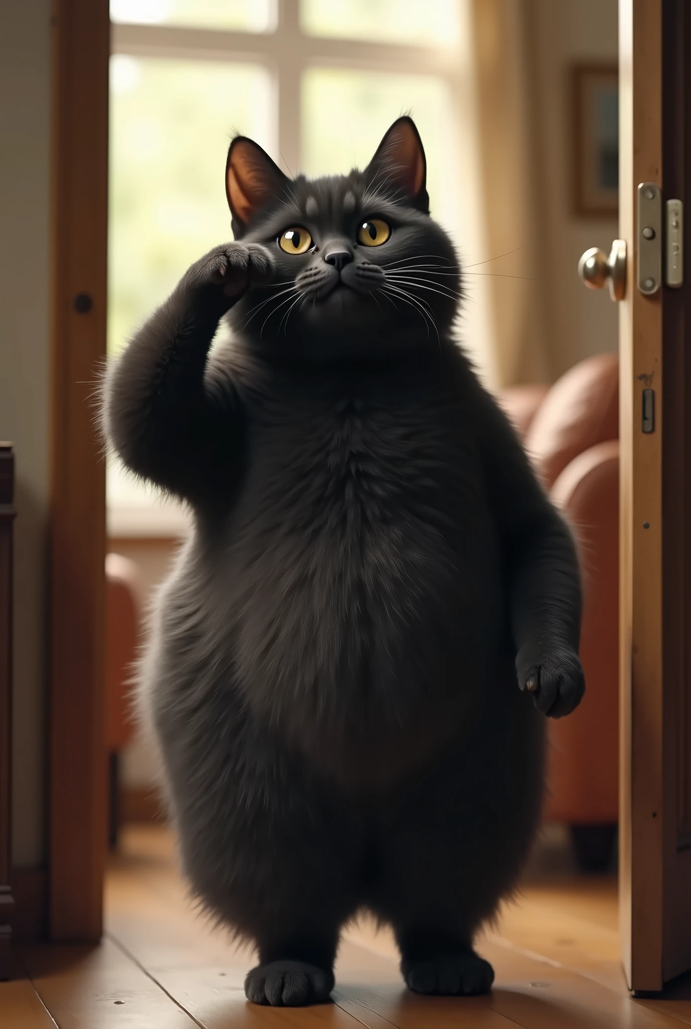 ( realistic ,photo realistic ,photo- realistic :1.37), When I open the door, Black Cat is standing in the living room with her front legs raised and touching her head ((Cait Sith))、 A fat body with a bulging round face that walks on two legs 、 The eyes are half-eyed and narrow、Dropped ears、((Light brown from neck to chest to stomach:2))、I can only see  、 face、 A humorous worldview where the domestic cat Black Cat acts like a human 、 Black Cat 。