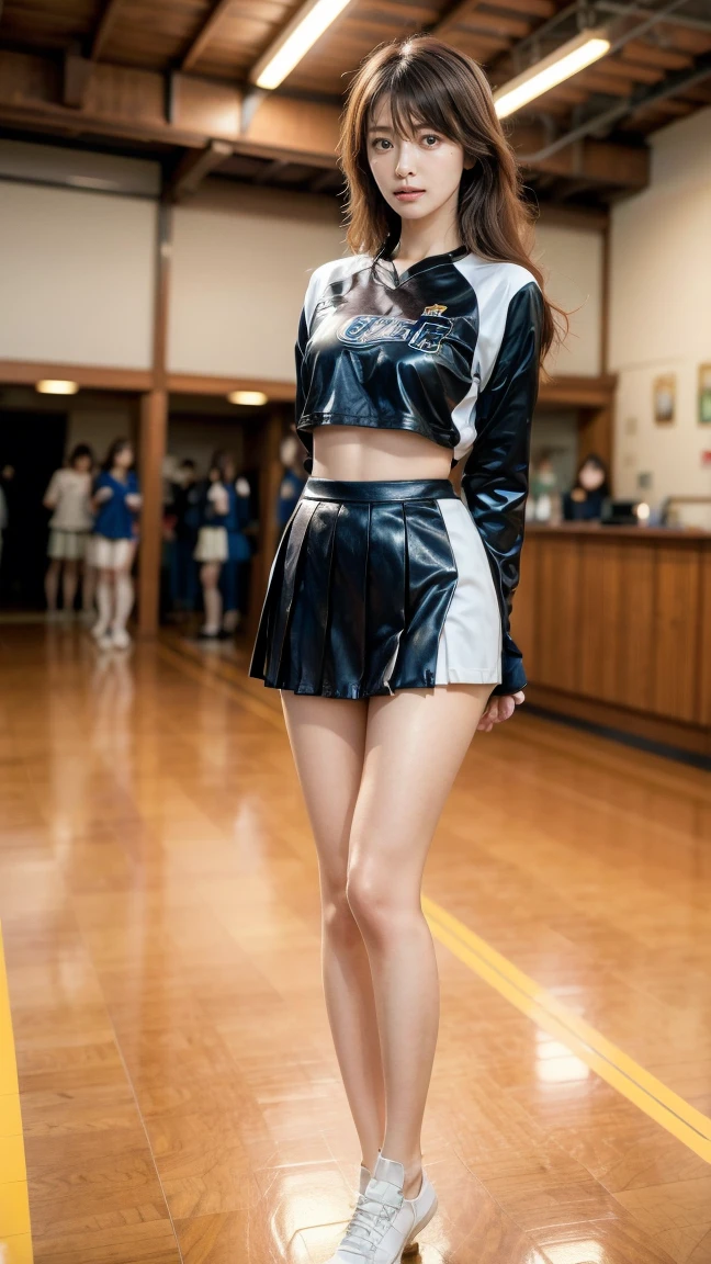 A beautiful young Japanese woman, 20 years old, with perfect anatomy, healthy thighs, beautiful feet, flawless skin, random hair color and style, large bust, (she is standing:1.2), wearing a cheerleader uniform with micro-pleated miniskirt, in a full body shot, standing in a stadium, (best quality,4K,8k,  highres icon, masterpiece:1.3), (extremely detailed:1.2), Kyoko Fukada