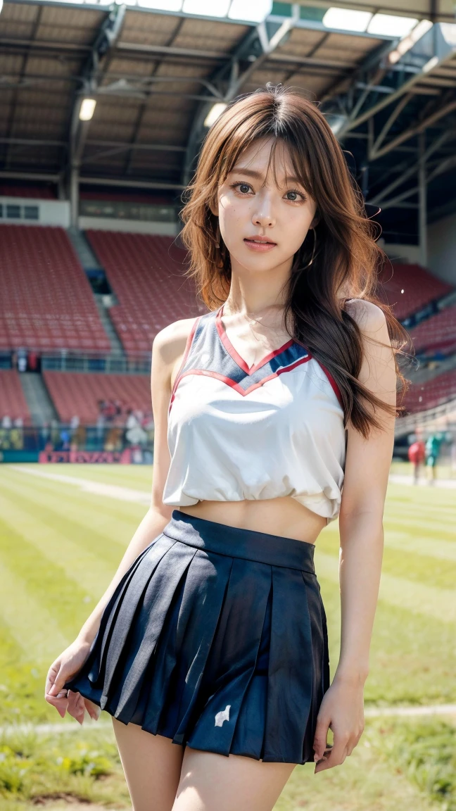 A beautiful young Japanese woman, 20 years old, with perfect anatomy, healthy thighs, beautiful feet, flawless skin, random hair color and style, large bust, (she is standing:1.2), wearing a cheerleader uniform with micro-pleated miniskirt, in a full body shot, standing in a stadium, (best quality,4K,8k,  highres icon, masterpiece:1.3), (extremely detailed:1.2), Kyoko Fukada