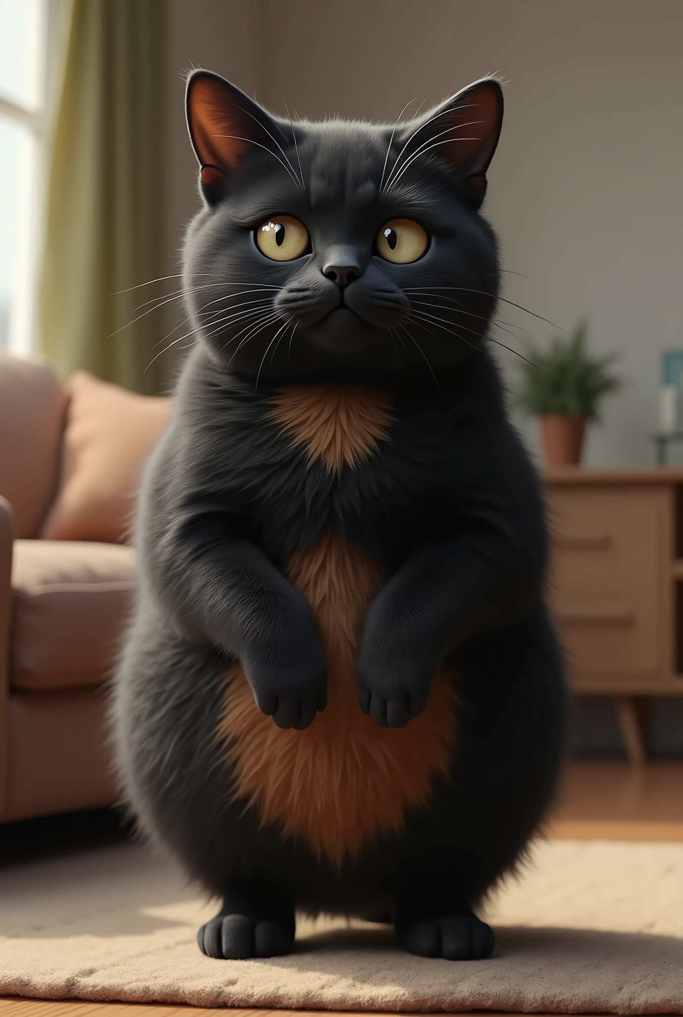 ( realistic ,photo realistic ,photo- realistic :1.37), When I open the door, Black Cat is standing in the living room with her front legs raised and touching her head ((Cait Sith))、 A fat body with a bulging round face that walks on two legs 、 The eyes are half-eyed and narrow、Dropped ears、((Light brown from neck to chest to stomach:2))、I can only see  、 face、 A humorous worldview where the domestic cat Black Cat acts like a human 、 Black Cat 。