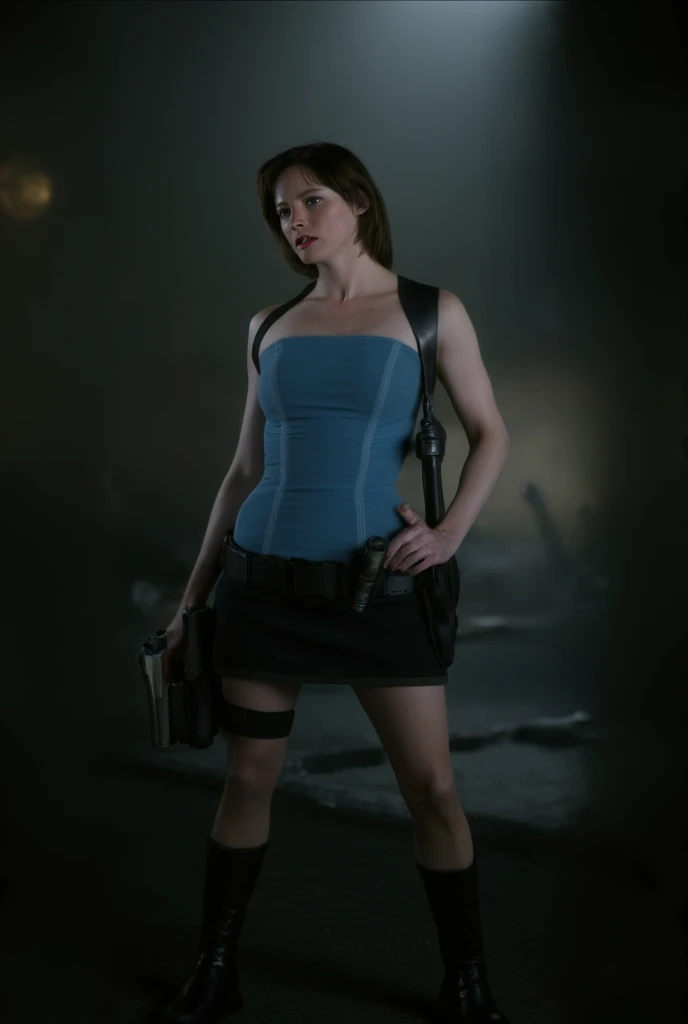 Sienna Guillory as Jill Vlentine from movie Resident Evil Apocalypse, "view portrait". She is facing sideways with her hands resting on her waist. The background of the image is dark, with fog. blue top, black hair, skirt, black hair