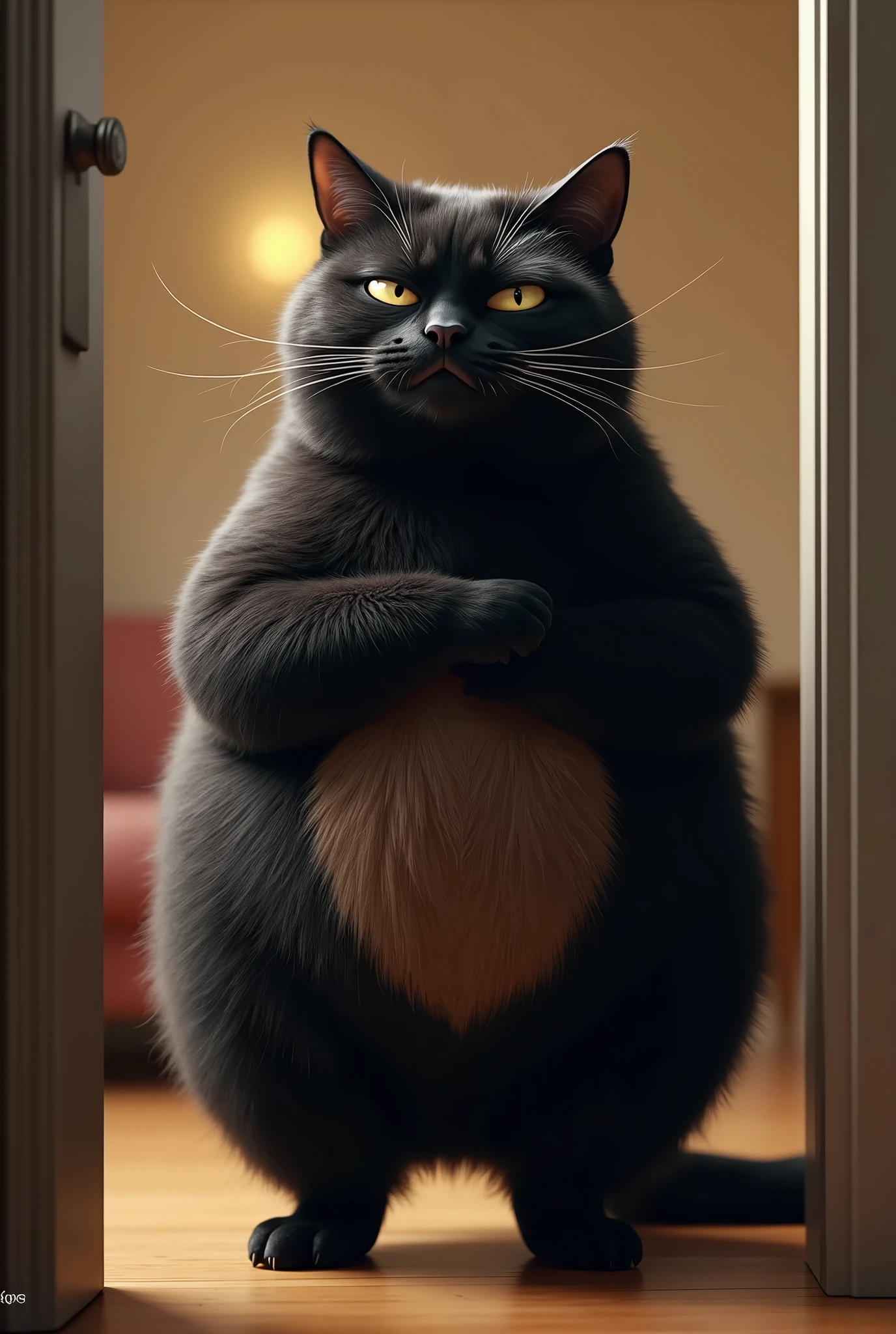 ( realistic ,photo realistic ,photo- realistic :1.37), When I open the door, Black Cat is standing in the living room with her front legs raised and touching her head ((Cait Sith))、 A fat body with a bulging round face that walks on two legs 、 The eyes are half-eyed and narrow、Dropped ears、((Light brown from neck to chest to stomach:2))、I can only see  、 face、 A humorous worldview where the domestic cat Black Cat acts like a human 、 Black Cat 。