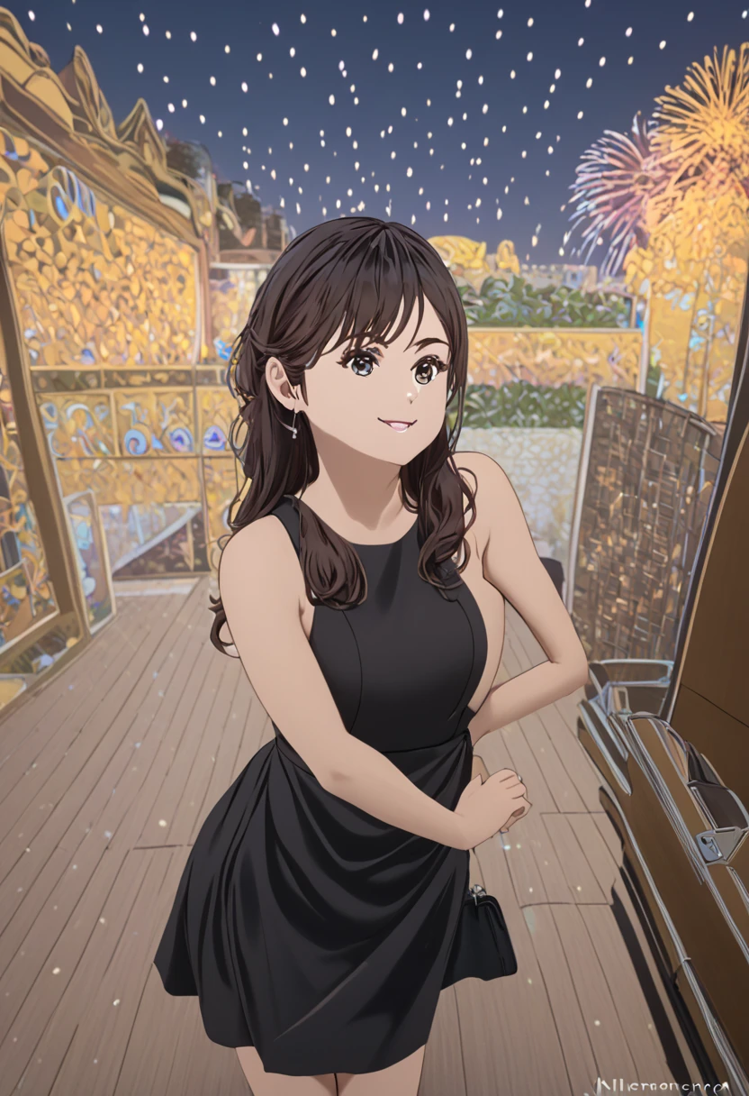 Girl has long brown hair and freckles medium breast's wearing a black dress and a black skirt and high heels smiling at viewer and fireworks in the background leaning forward