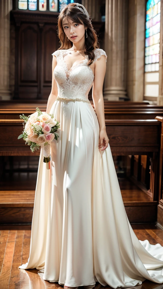 A beautiful young Japanese woman, 26 years old, with healthy thighs, beautiful legs, flawless skin, random hair color and style, large breasts, wearing a (wedding dress:1.3), (she is standing:1.2), full body shot, high heels, holding a bouquet in her hands, in a church setting, (best quality,8k, masterpiece:1.3), (extremely detailed:1.2), perfect anatomy, Kyoko Fukada