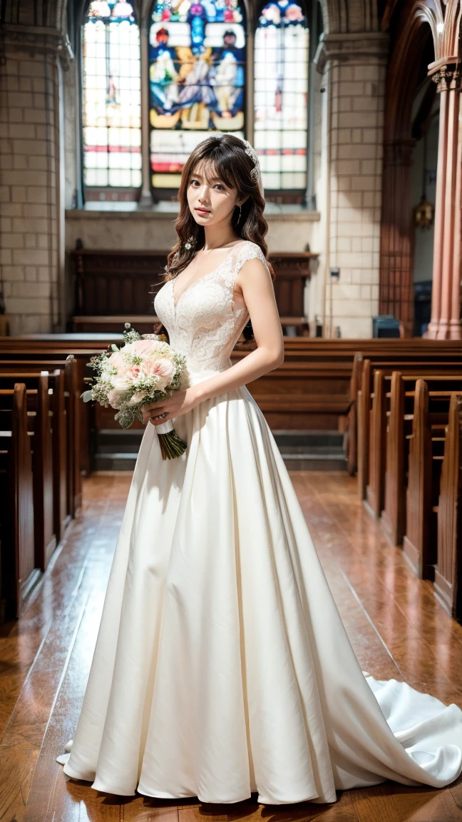 A beautiful young Japanese woman, 26 years old, with healthy thighs, beautiful legs, flawless skin, random hair color and style, large breasts, wearing a (wedding dress:1.3), (she is standing:1.2), full body shot, high heels, holding a bouquet in her hands, in a church setting, (best quality,8k, masterpiece:1.3), (extremely detailed:1.2), perfect anatomy, Kyoko Fukada