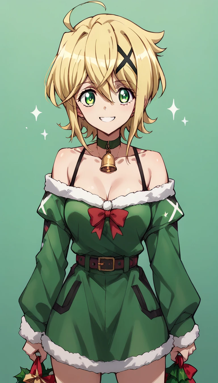 Akatsuki Kirika,smile, arms front ,holding the present,christmas costume,simple green&red christmas costume,Off-Shoulder,green & red dress,standing 