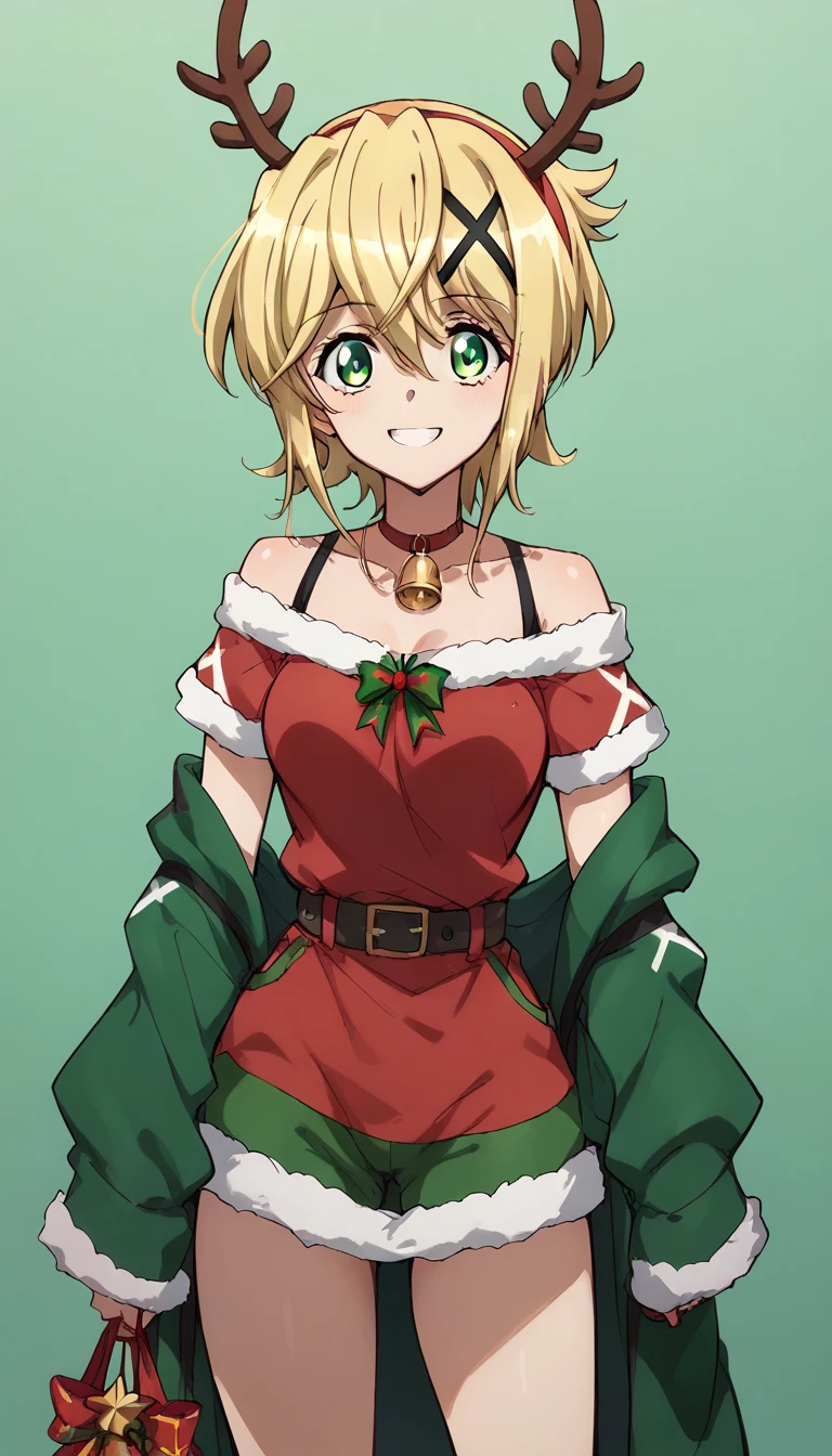 Akatsuki Kirika,smile, arms front ,holding the present,christmas costume,simple green&red christmas costume,Off-Shoulder,green & red dress,standing 