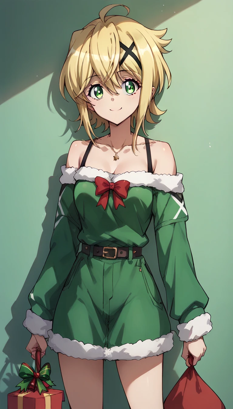 Akatsuki Kirika,smile, arms front ,holding the present,christmas costume,simple green&red christmas costume,Off-Shoulder,green & red dress,standing 