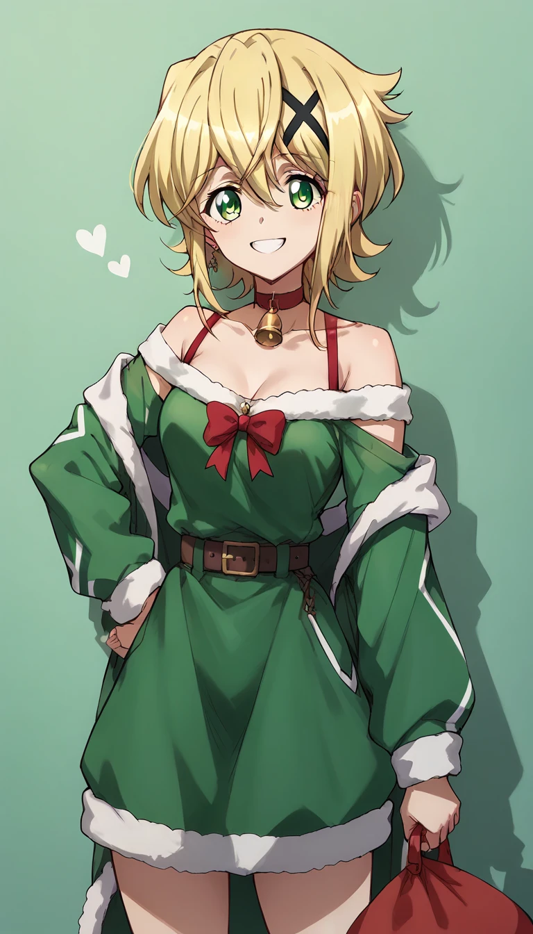 Akatsuki Kirika,smile, arms front ,holding the present,christmas costume,simple green&red christmas costume,Off-Shoulder,green & red dress,standing 