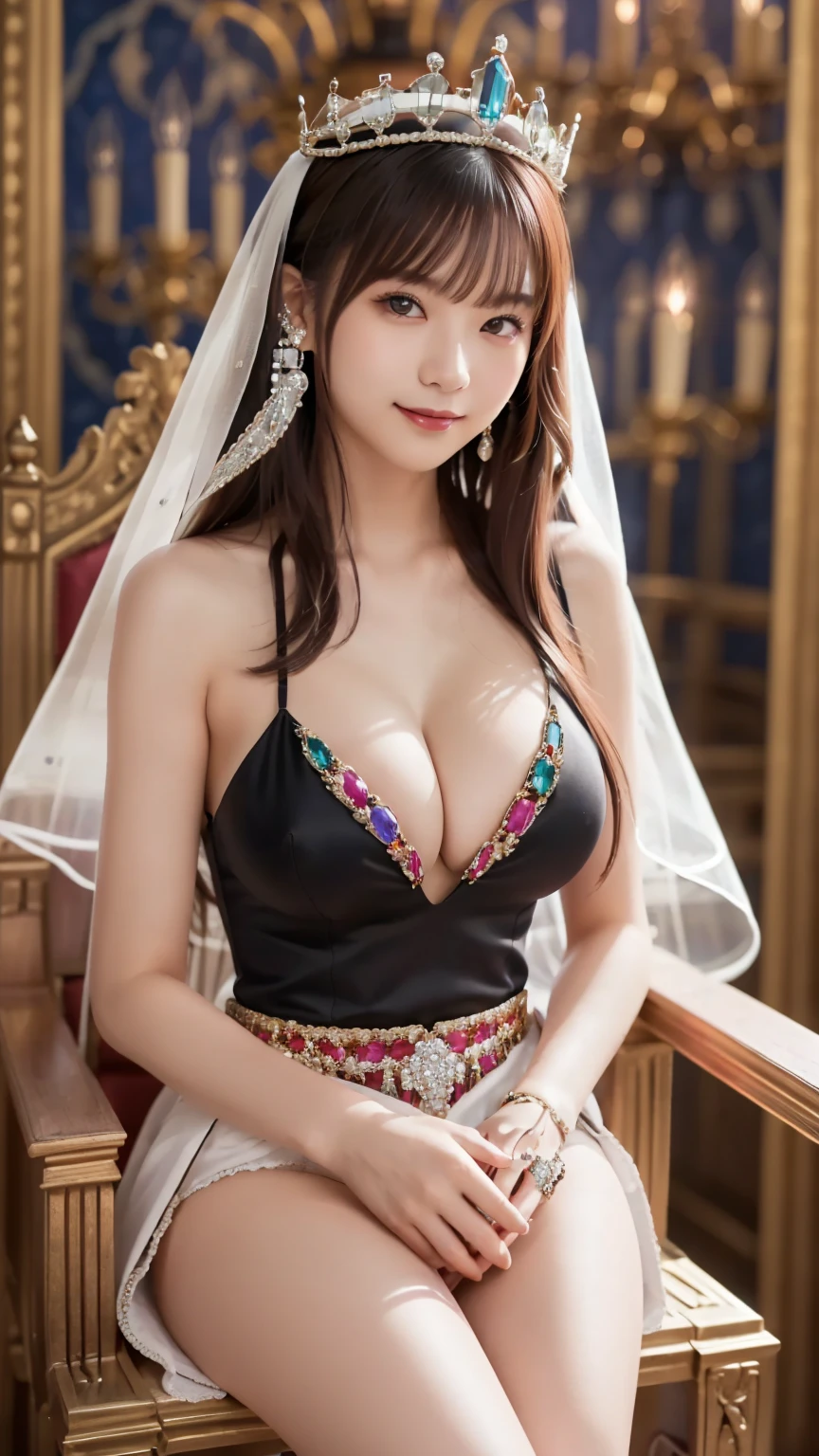 ( medieval queen's clothes wearing colorful jewels : 1.5), (seated on the throne  : 1.5), ( Royal Background with Chandelier : 1.5), ( crosses legs : 1.5), (Put on the crown and veil  : 1.4), young and adorable Japanese face, Official Art, high definition CG Unity 8k wallpaper,Ultra high definition ,Very detailed, half photos with Brazil, high definition , Kodak Portrait 400, film grain , lens flare glow, best quality,8k, as a portrait shot,8k, Show viewer, (( best quality)), ( super detailed), smile, (( sexy)), (( Very detailedな)), (detailed clothing features), (beautiful), Illustration, beautiful Japanese woman, ((1 female)), (Bold Cleavage : 1.3)