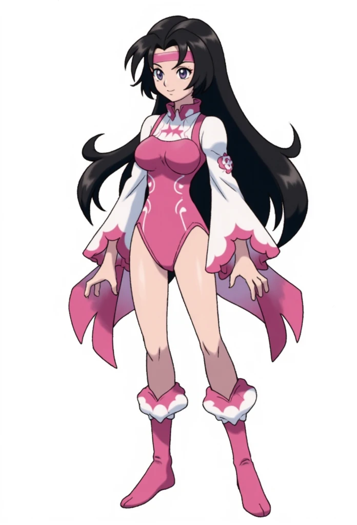 Pokémon: A female beautiful  grass type gym leader trainer that wears a cherry blossom inspired avant garde attire, She has a very avant garde attire, Pink and White colorway. Long Flowing black hair. Full body view. small eyes. She has a very small eye shap. She has a very mature body. She has a very mature face and appearance, Nobara Kugisaki, Hot and Sexy face. White background 