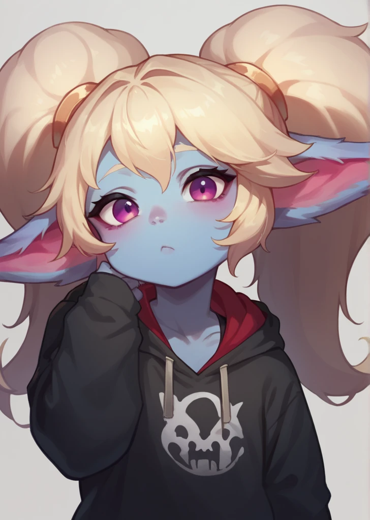 Poppy from league of legends,black crop top hoodie  , detailed,face,poppy,pfp,youtube profile picture,half body ,cute ,for profile picture on youtube ,full head  full head to see ful hair 