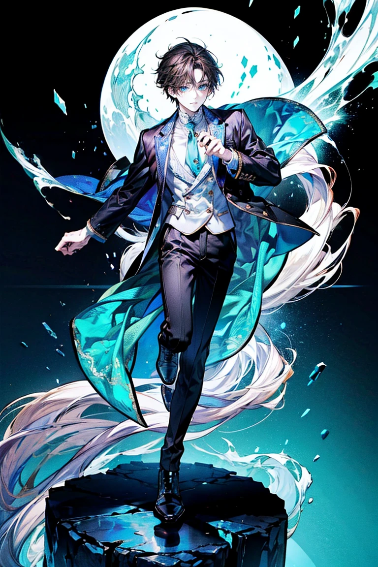 Full-body view, a dancing male, 8K resolution, high detail, around 20 years old, (one male:1.5), androgynous appearance, dark brown hair, straight eyebrows, droopy eyes, vivid light blue eyes, student-style outfit, black jacket, white shirt, black pants, darkness:1.0, streetlight, moon, ((UHD, masterpiece, super detail, best quality, highres, 8k)), (detailed line art), {perfect face, perfect body, perfect hands, perfect feet}.