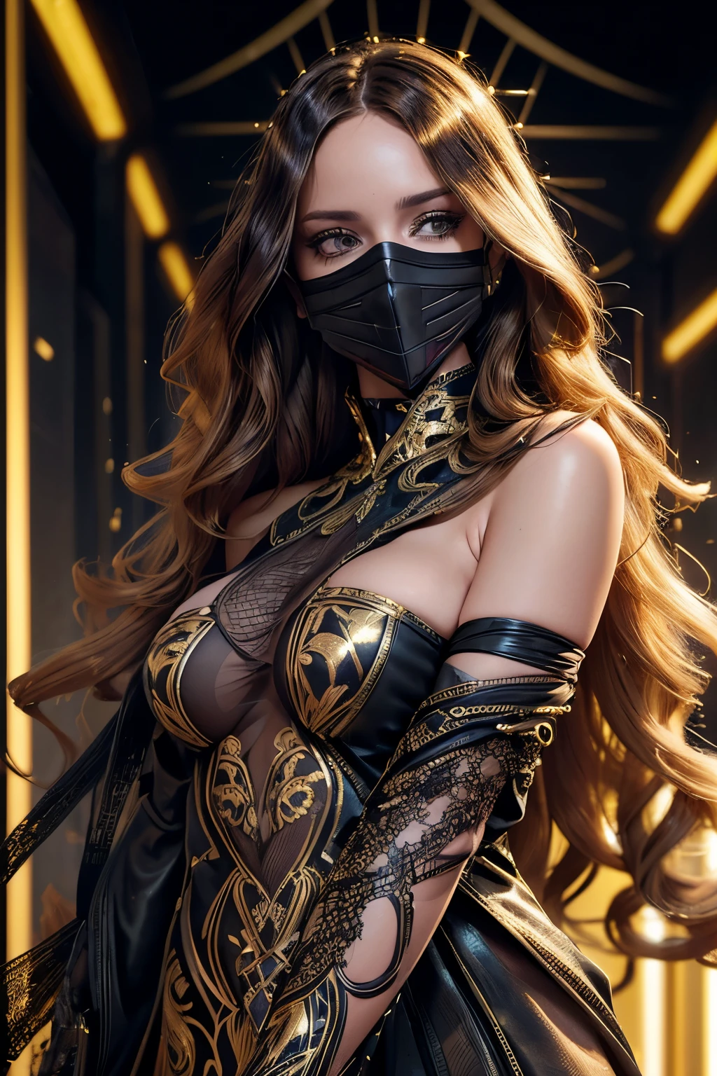 Supermodel with long, curly frizzy hair detailed, She was wearing gold ( translucent and richly embroidered ) (metallic surgical mesh mask) covering the face, ((blacked out mouth)), wearing strange futuristic fashion , luxurious and intricate golden accents, cinematografía, intricately detailed, elaborated, meticulous, magnificent, Maximum detail, extremely hyperactive aesthetic , bokeh, professional photo shoot