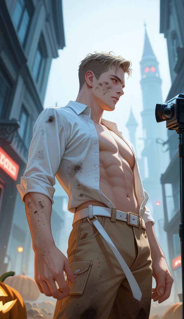The pectorals exploded, Chest uncovered, The lower body is unobstructed from thigh to foot, Detailed muscle physique, Lifelike depiction, 4K 分辨率. Background: Filthy cells,32k ULTRAHD, Best quality, Masterpiece, Super detail, High details