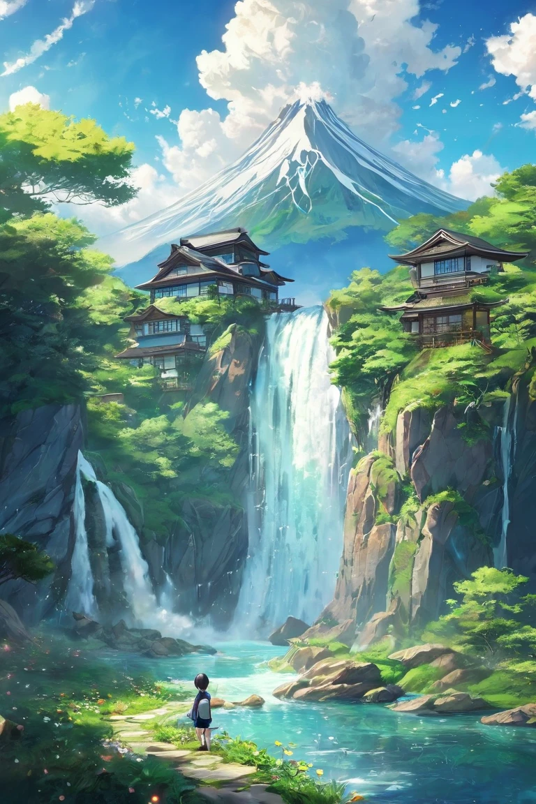 a painting of a waterfall and a house in the sky, anime landscape, makoto shinkai cyril rolando, anime nature, beautiful anime scenery, anime beautiful peace scene, anime scenery, dojo on a mountain, japanese fantasy, anime landscape wallpaper, beautiful anime scene, amazing wallpaper, ross tran. scenic background, traditional japanese concept art, flying island in the sky