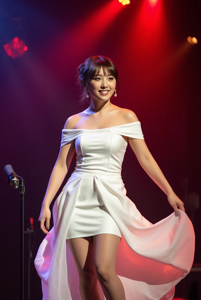 (8k、 RAW photo、 top quality 、masterpiece:1.2)、( realistic 、 realistic )、 1 girl、(( Off-the-Shoulder White Dress、 on stage、 illuminated by a spotlight、 short bob、 FRONT VIEW 、smile、 staring at the camera 、smile、 full body photo:1.5))、cute、 Big Breasts 、 Sing with a microphone 、Do a dance、((My skirt flutters in the wind ))