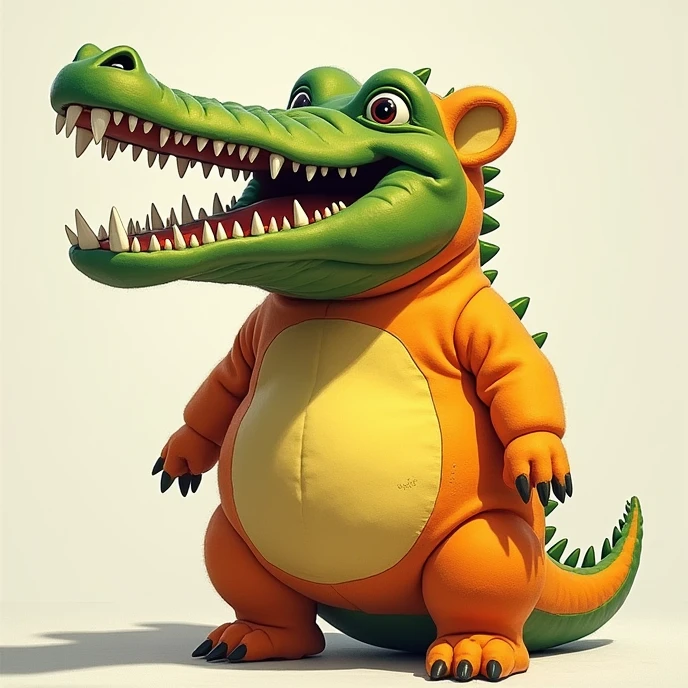 A teletubbie with the head of a crocodile with writing: "V3x "