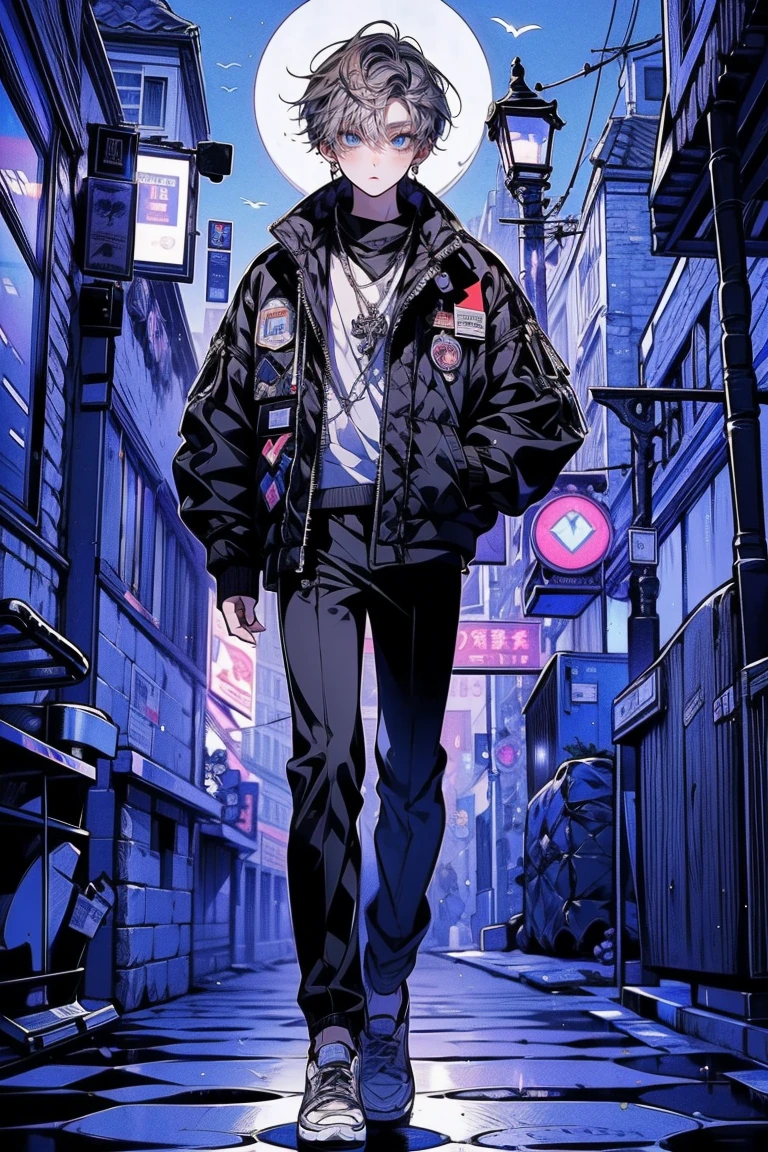 Full-body view, a dancing male, 8K resolution, high detail, around 20 years old, (one male:1.5), androgynous appearance, dark brown hair, straight eyebrows, droopy eyes, vivid light blue eyes, student-style outfit, black jacket, white shirt, black pants, darkness:1.0, streetlight, moon, ((UHD, masterpiece, super detail, best quality, highres, 8k)), (detailed line art), {perfect face, perfect body, perfect hands, perfect feet}.