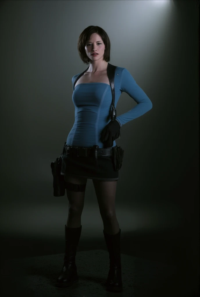 Sienna Guillory as Jill Vlentine from movie Resident Evil Apocalypse, "view portrait". She is facing sideways with her hands resting on her waist. The background of the image is dark, with fog. blue top, black hair, skirt, black hair