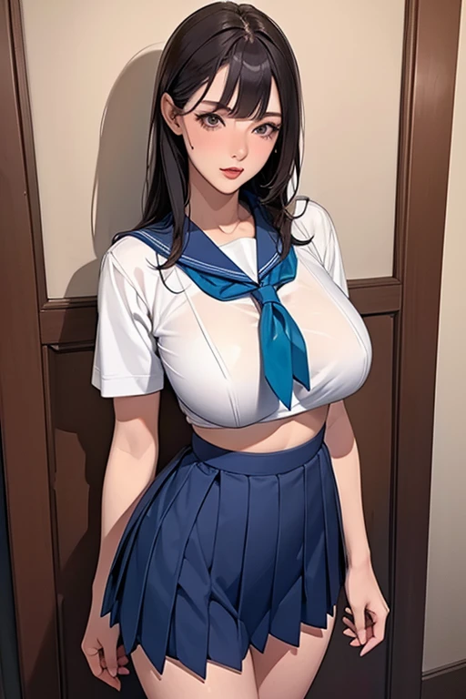 Beautiful illustration、top-quality、Cute little girl s、Bedroom、A blue-haired、length hair、(((blue pleated skirt)))、(((blue sailor suit)))、shortsleeves、Colossal tits、a navel、Flipping up the skirt with your hands、Show white panties、Pull up your skirt and show your panties、bare-legged、red eyess、on the beds、lovely thighs、glowing thigh、floating hair、wind、skirt lift by myself、naughty face
