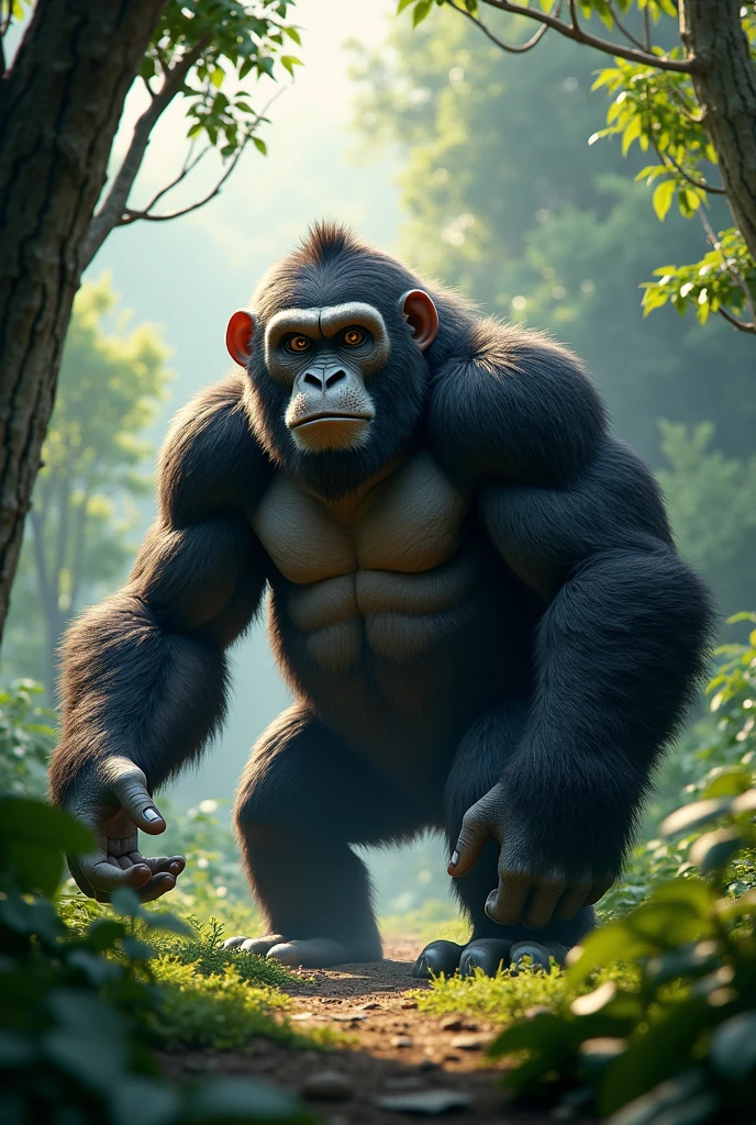 Front view,There is a wild beast in the osmanthus forest,Looks like an ape with white ears,Walking upright(best quality,4K,8k,High level,masterpiece:1.2),Ultra Detailed,(lifelike,Photo real,Photo real:1.37)